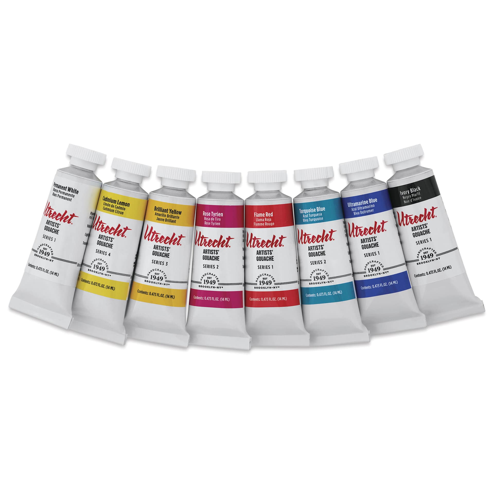 Utrecht Artists' Gouache - Set of 8, Mixing Colors, 14 ml Tubes, lined up