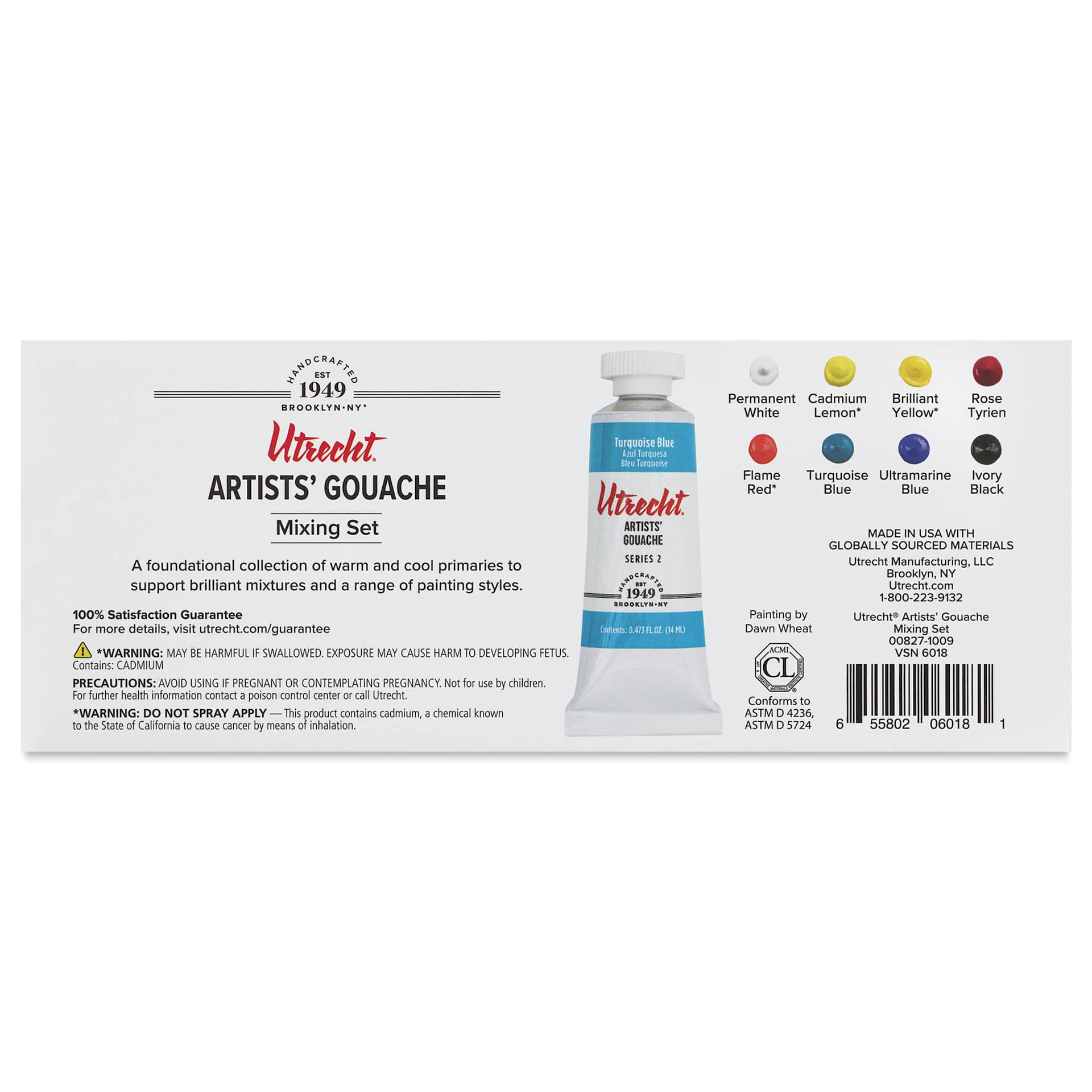 Utrecht Artists' Gouache - Set of 8, Mixing Colors, 14 ml Tubes, back of package