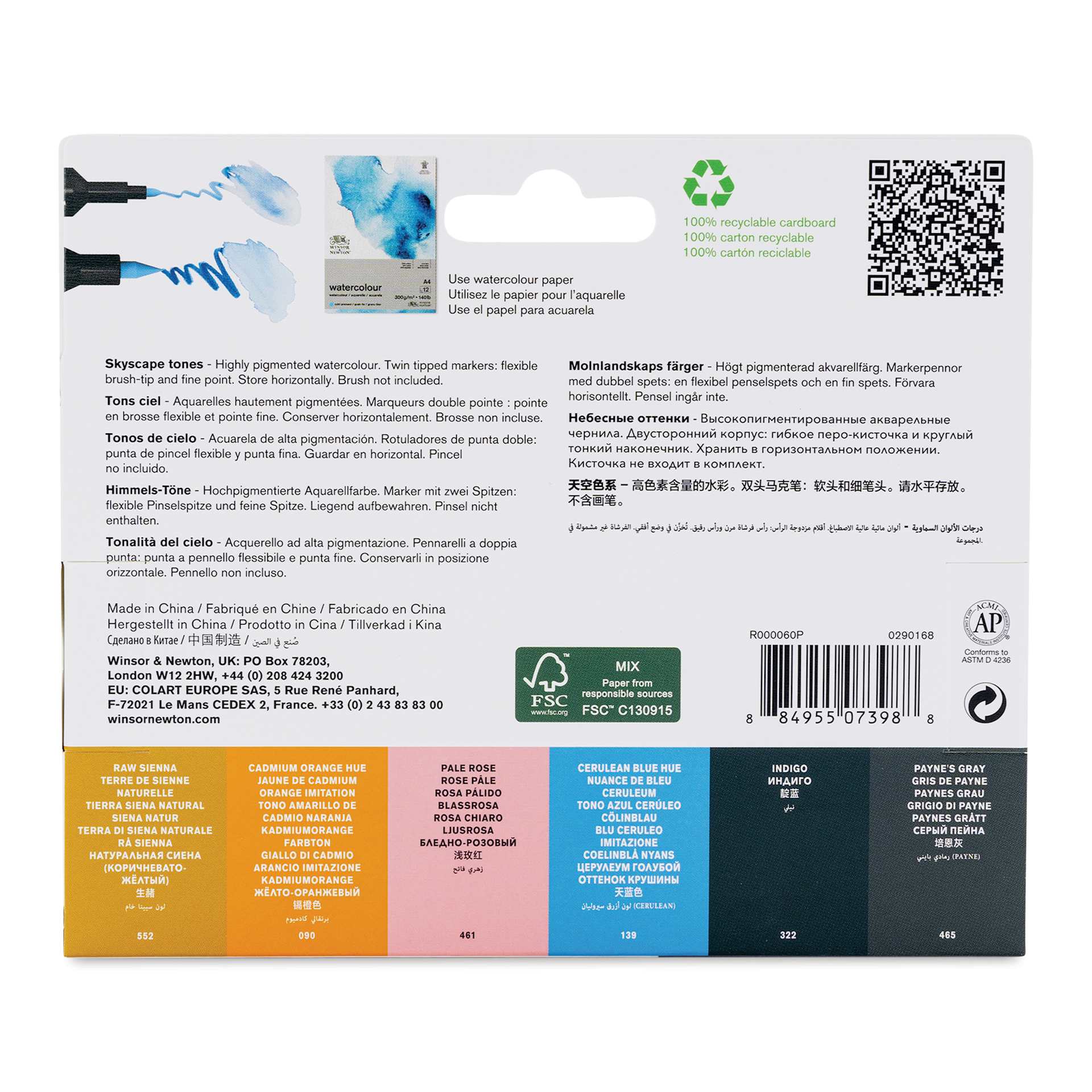 Winsor & Newton Promarker Watercolor Markers - Sky Colors, Set of 6, back of the packaging