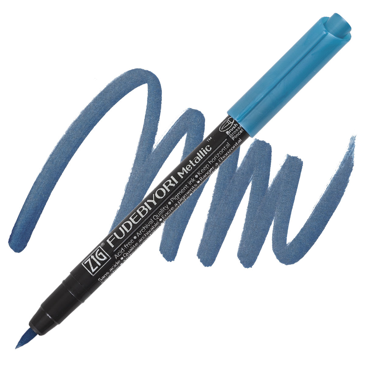 Zig Fudebiyori Metallic Brush Pen - Blue pen and swatch
