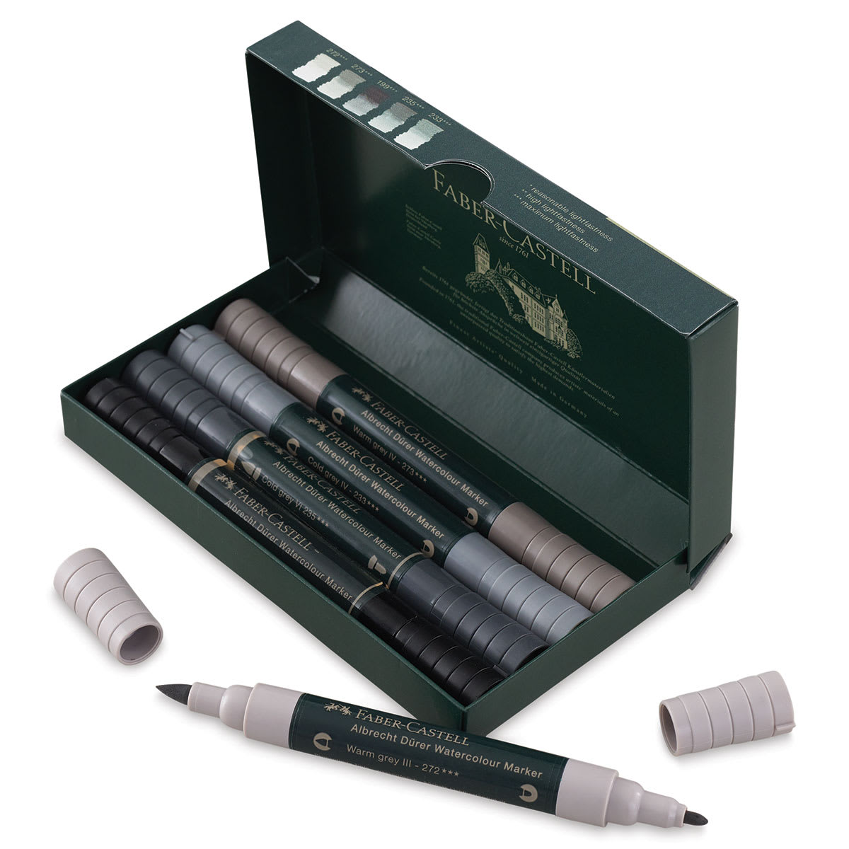 Faber-Castell Albrecht Dürer Watercolor Markers - Grey Tones, Set of 5 (set open with one marker removed and caps off)