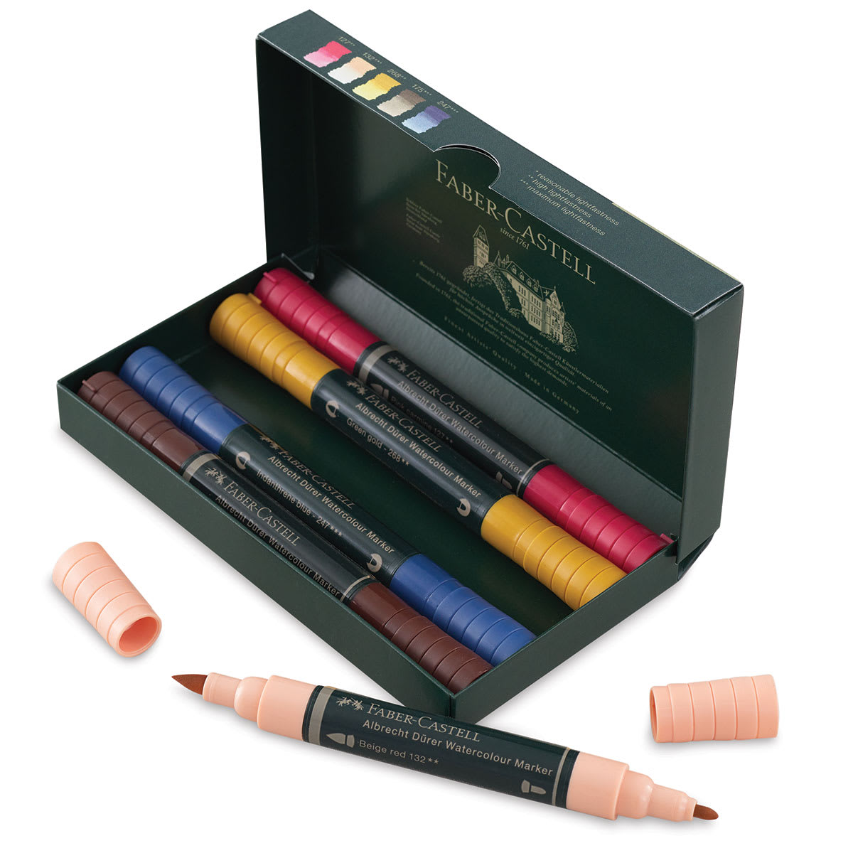Faber-Castell Albrecht Dürer Watercolor Markers - Portrait Tones, Set of 5 (one marker removed with caps off)