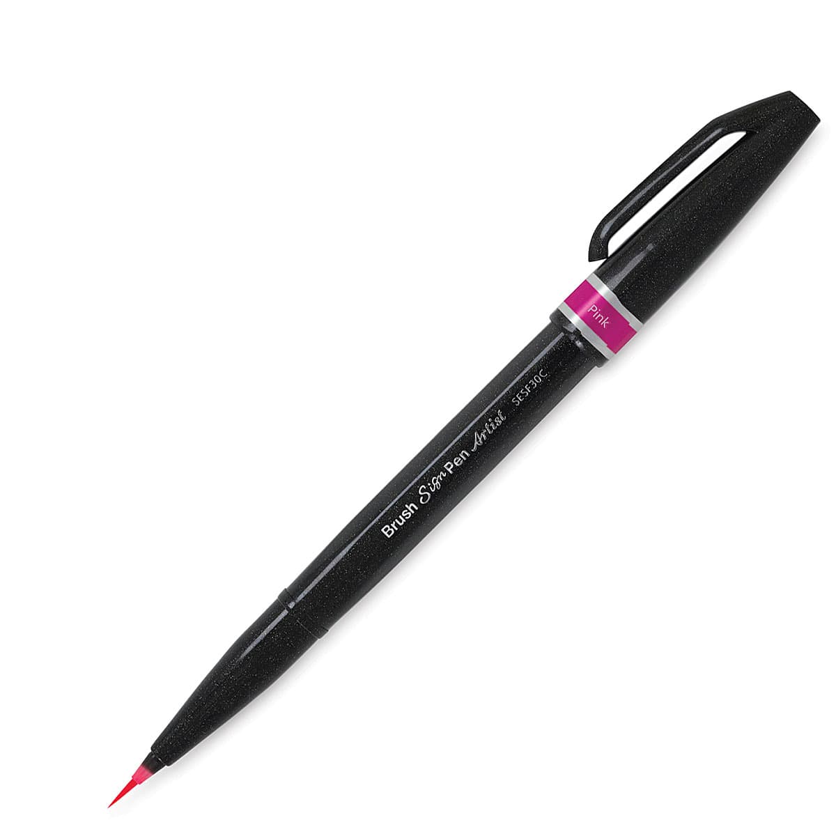 Pentel Arts Micro Brush Tip Sign Pens - Single Pink Pen shown uncapped at angle