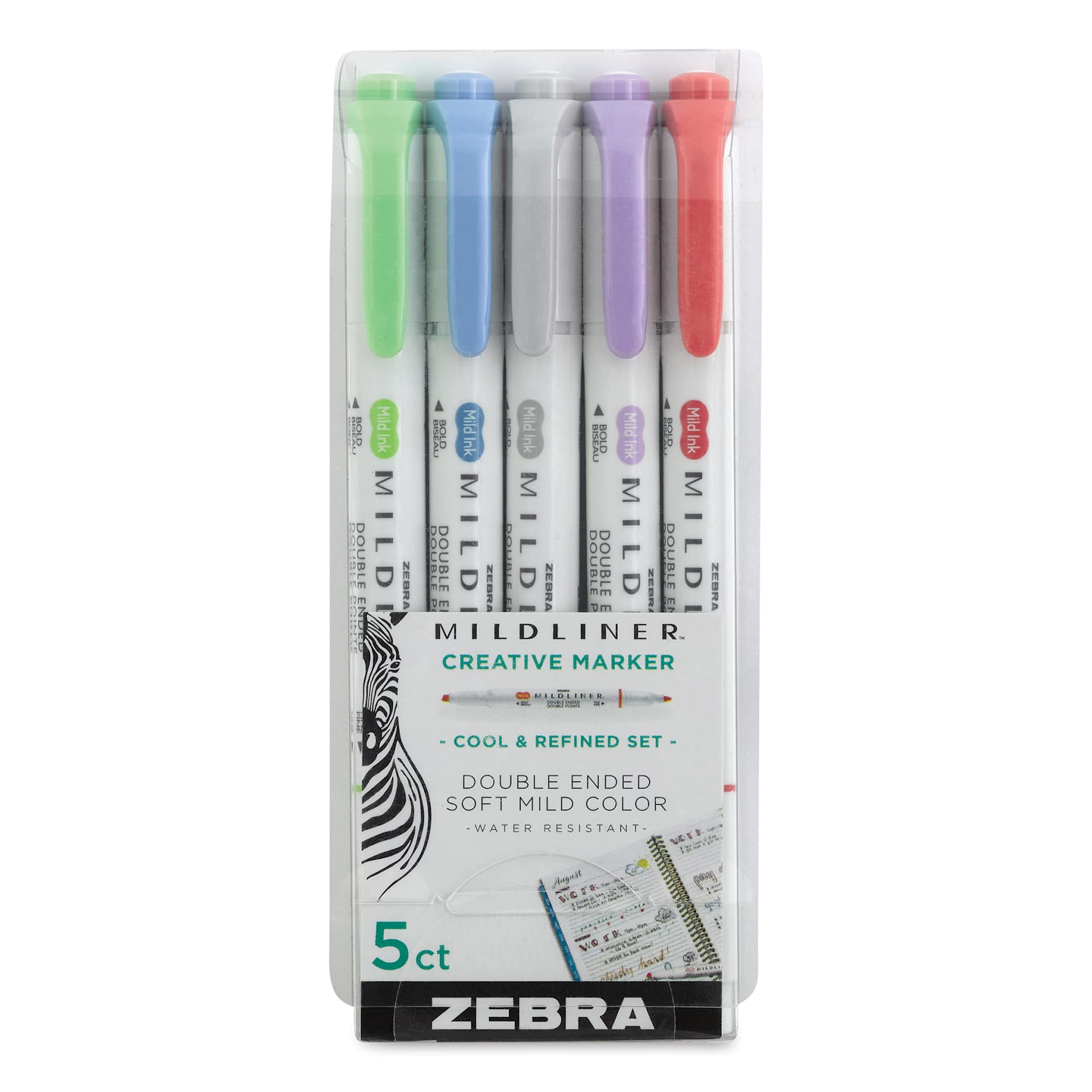 Zebra Mildliner Double Ended Creative Markers - Cool & Refined Colors, Set of 5