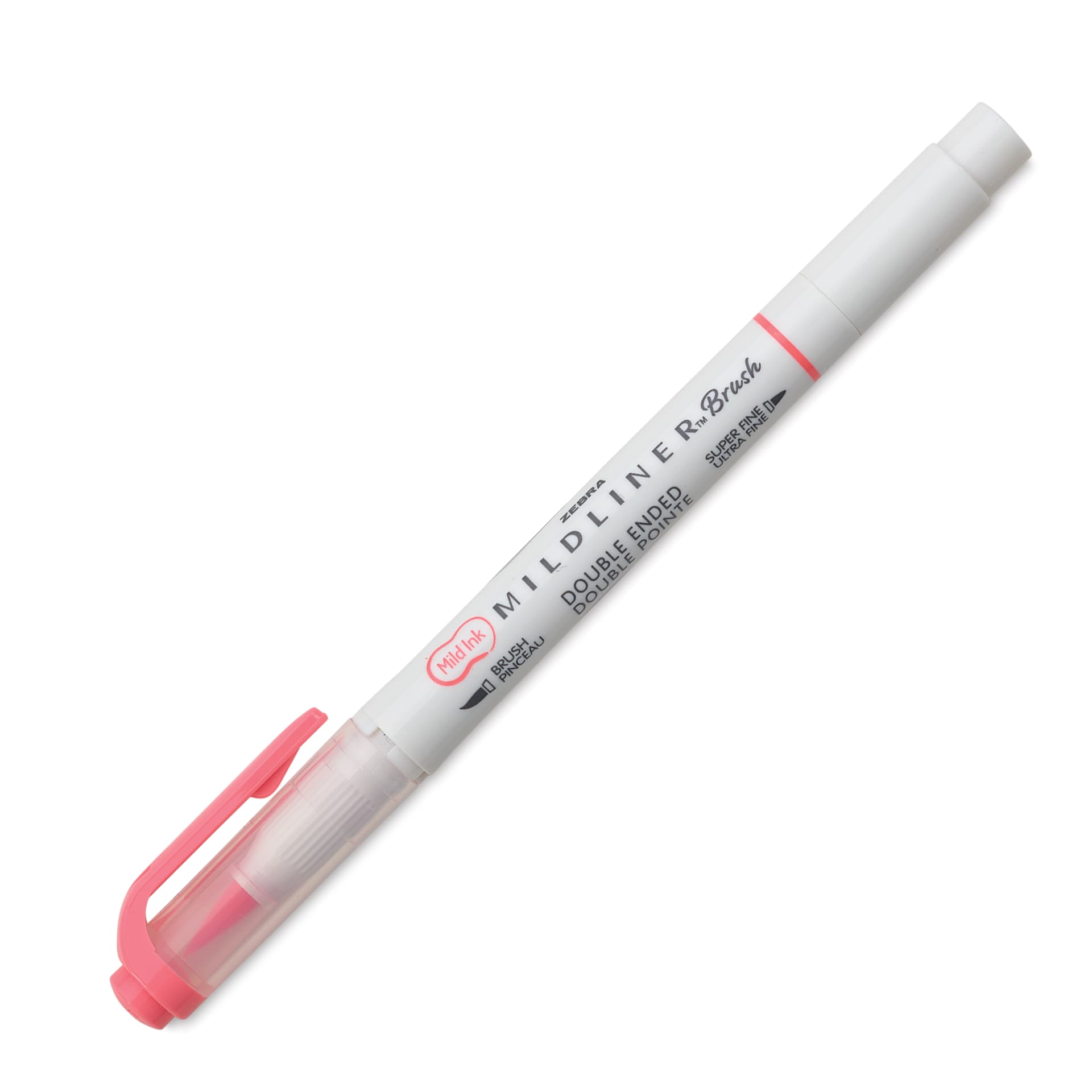 Zebra Mildliner Double Ended Brush Pen - Coral Pink, caps on