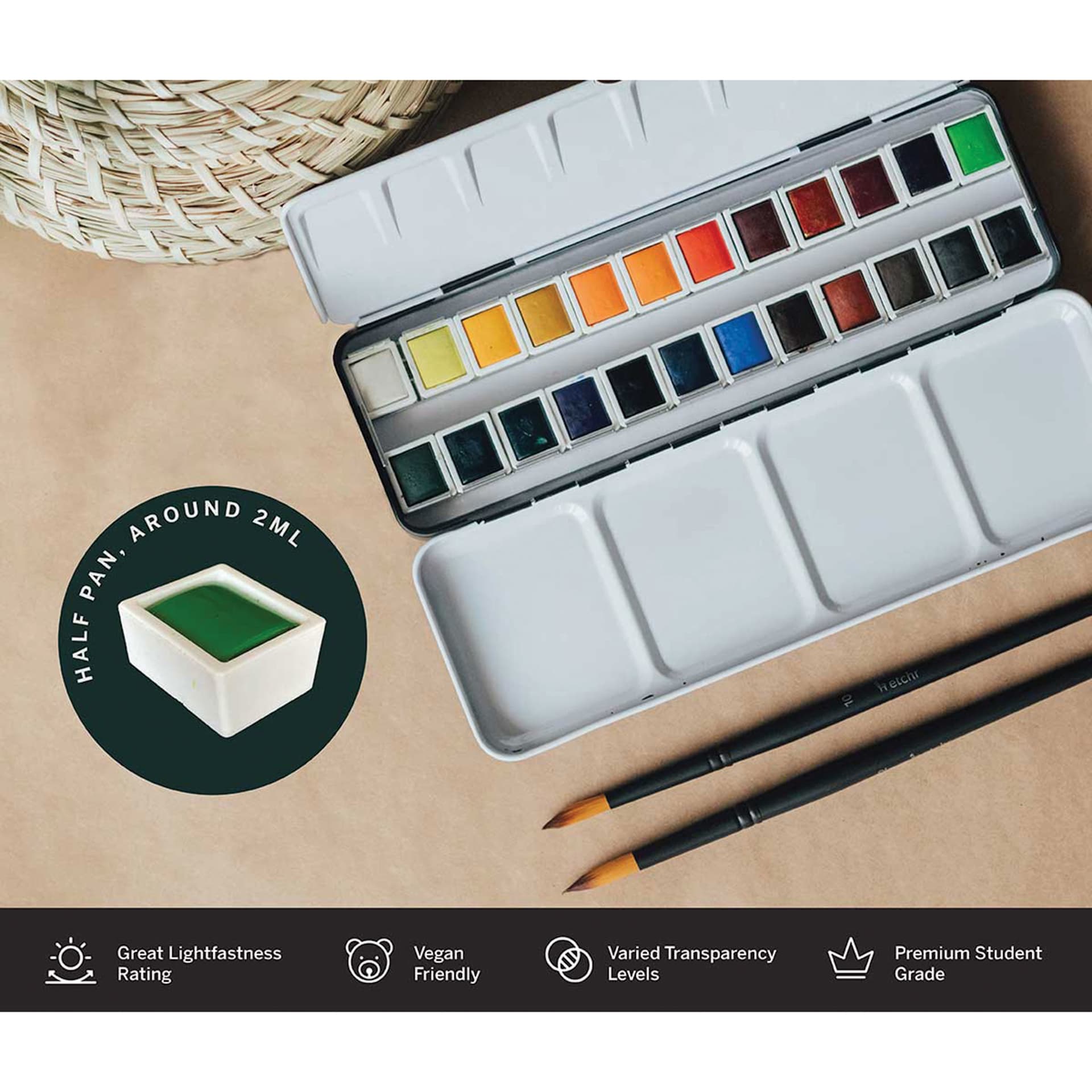 Half pan, around 2 ml. Great lightfastness rating. Vegan friendly. Varied transparency levels. Premium Student Grade.