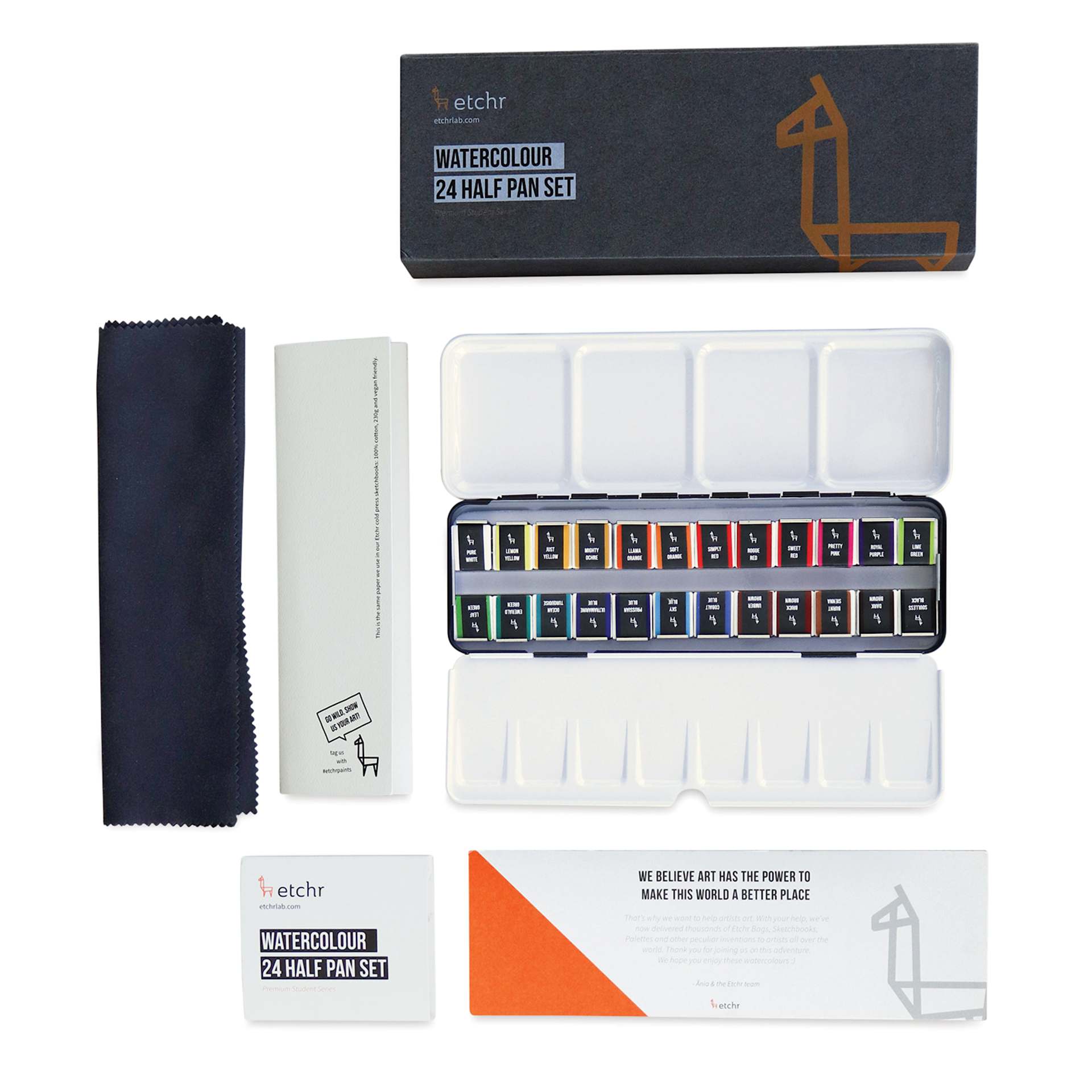 Etchr Half Pan Watercolors - Set of 24, Classic Colors, set contents