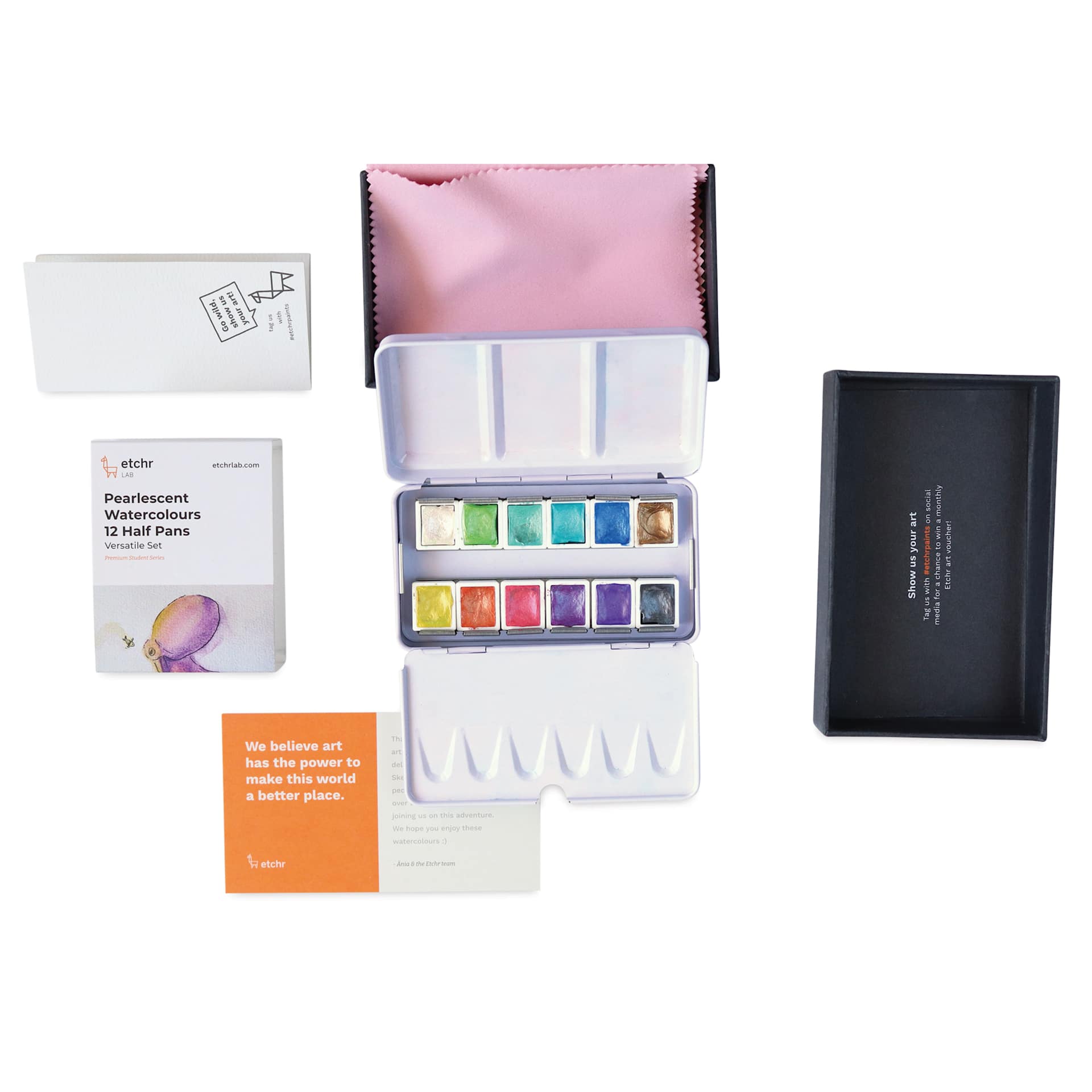 Etchr Half Pan Watercolors - Set of 12, Versatile Pearlescent Colors, set contents