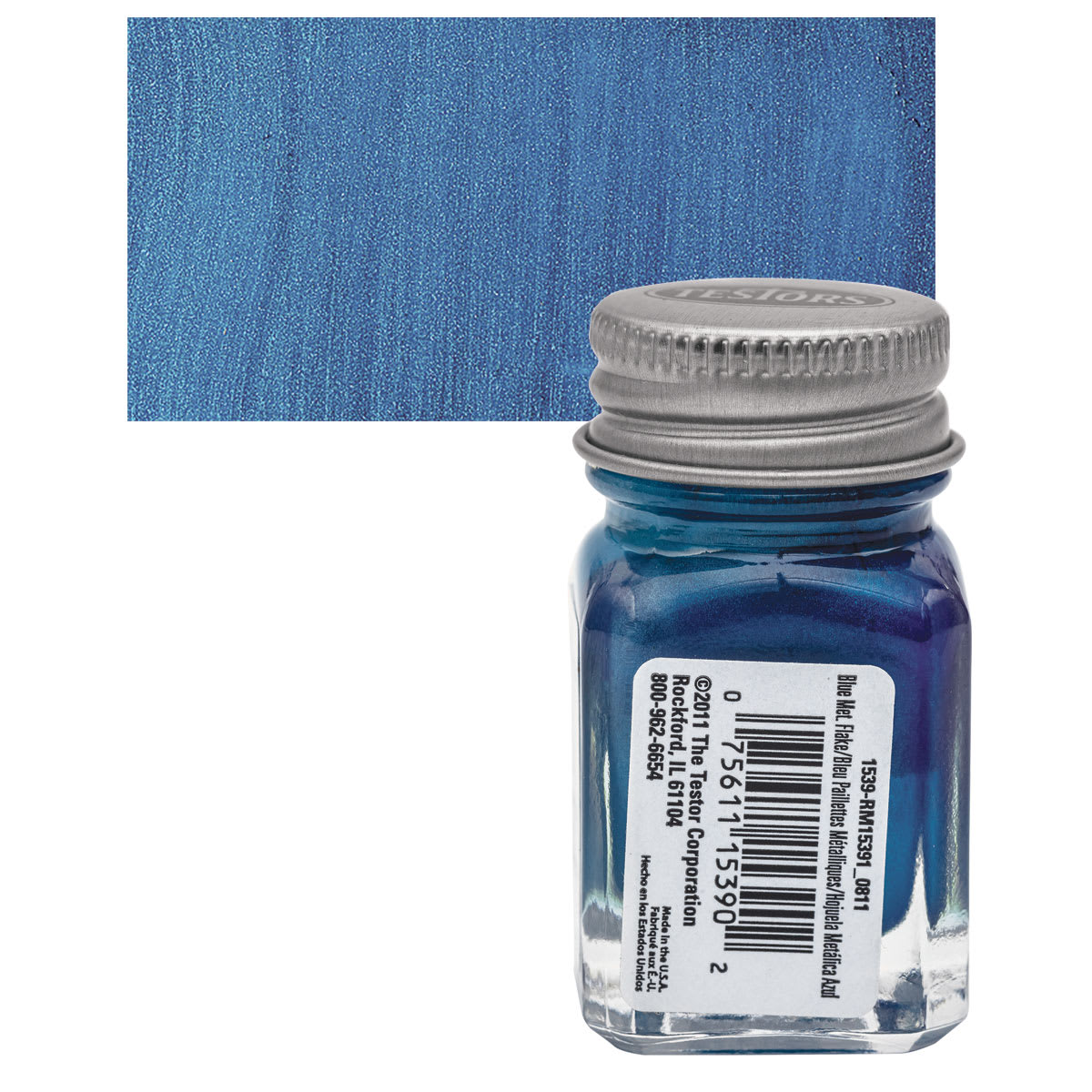 Testors Enamel Paint - Blue Metal Flake, 1/4 oz bottle and swatch