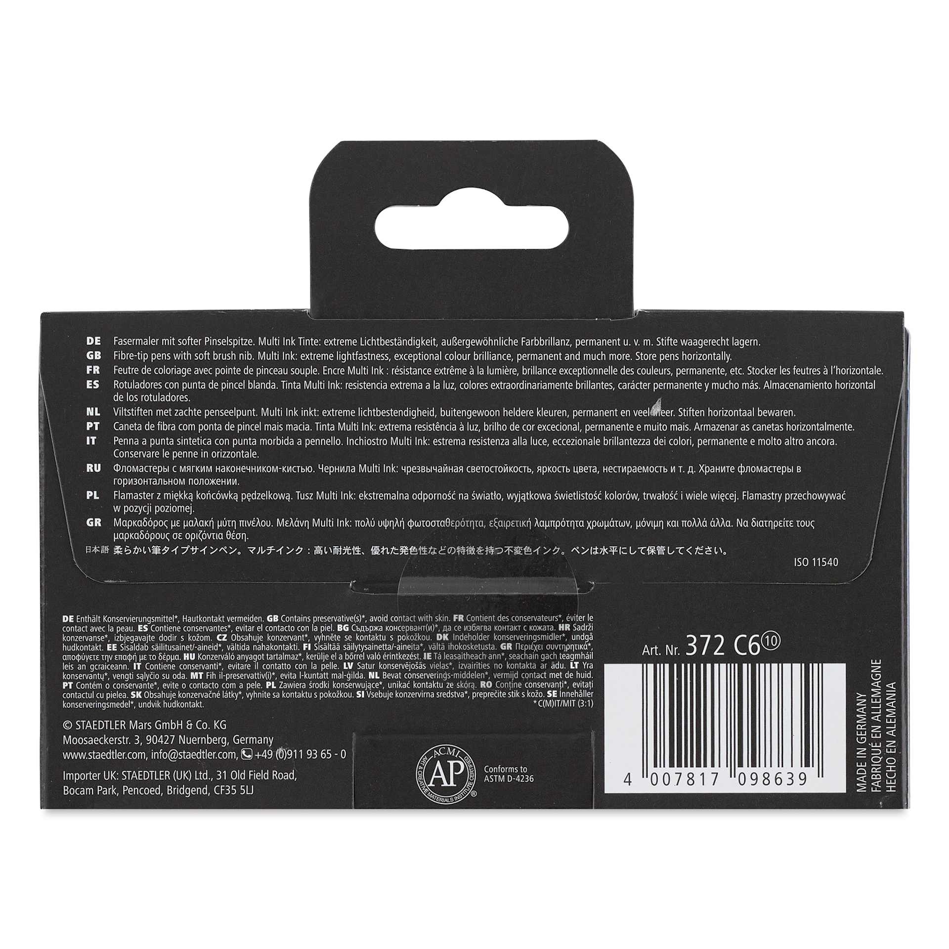 Staedtler Pigment Arts Soft Brush Pens - Grey Colors, Set of 6, back of the packaging