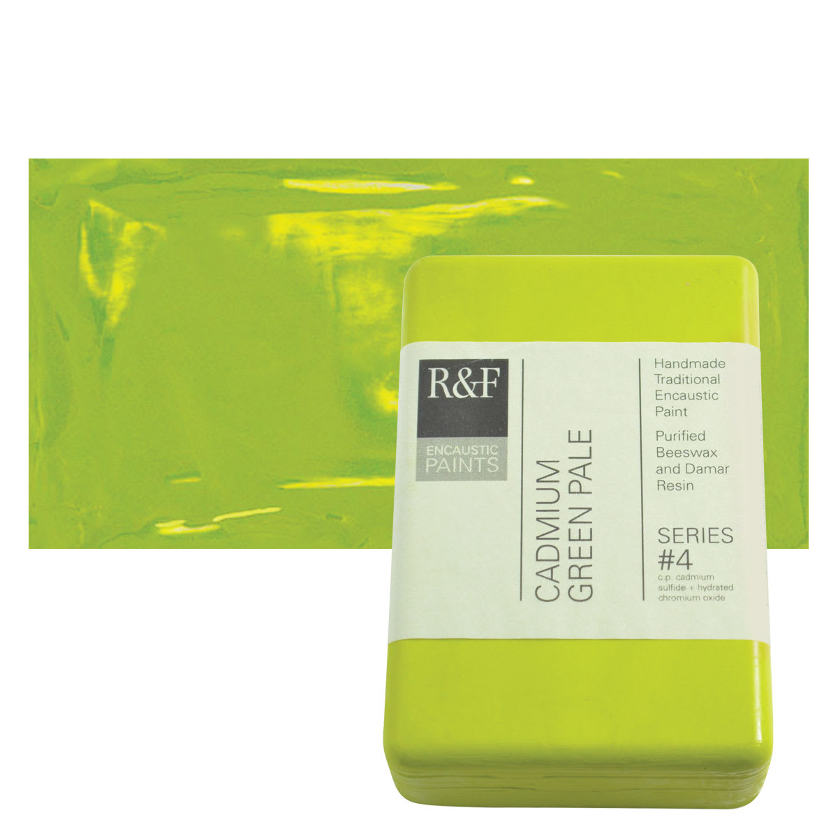 R&F Encaustic Paint Block - Cadmium Green Pale, 333 ml block and swatch