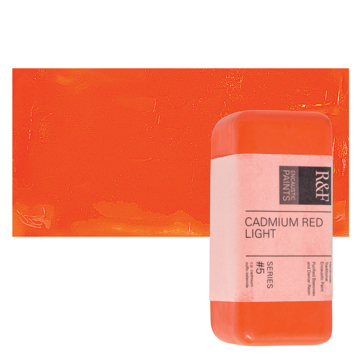 R&F Encaustic Paint Block - Cadmium Red Light, 104 ml block and swatch