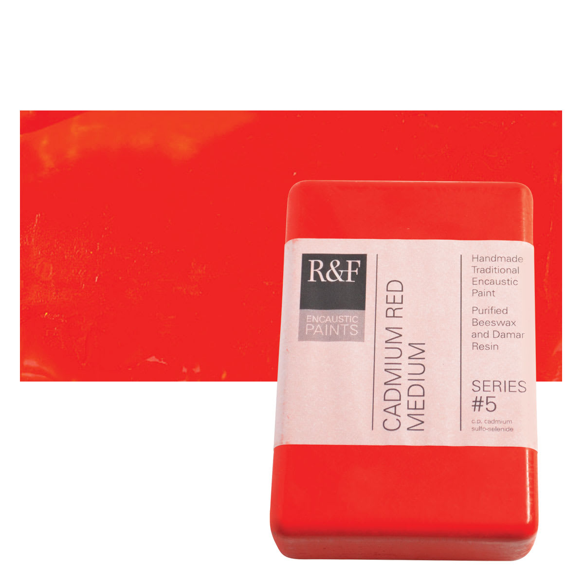 R&F Encaustic Paint Block - Cadmium Red Medium, 333 ml block and swatch