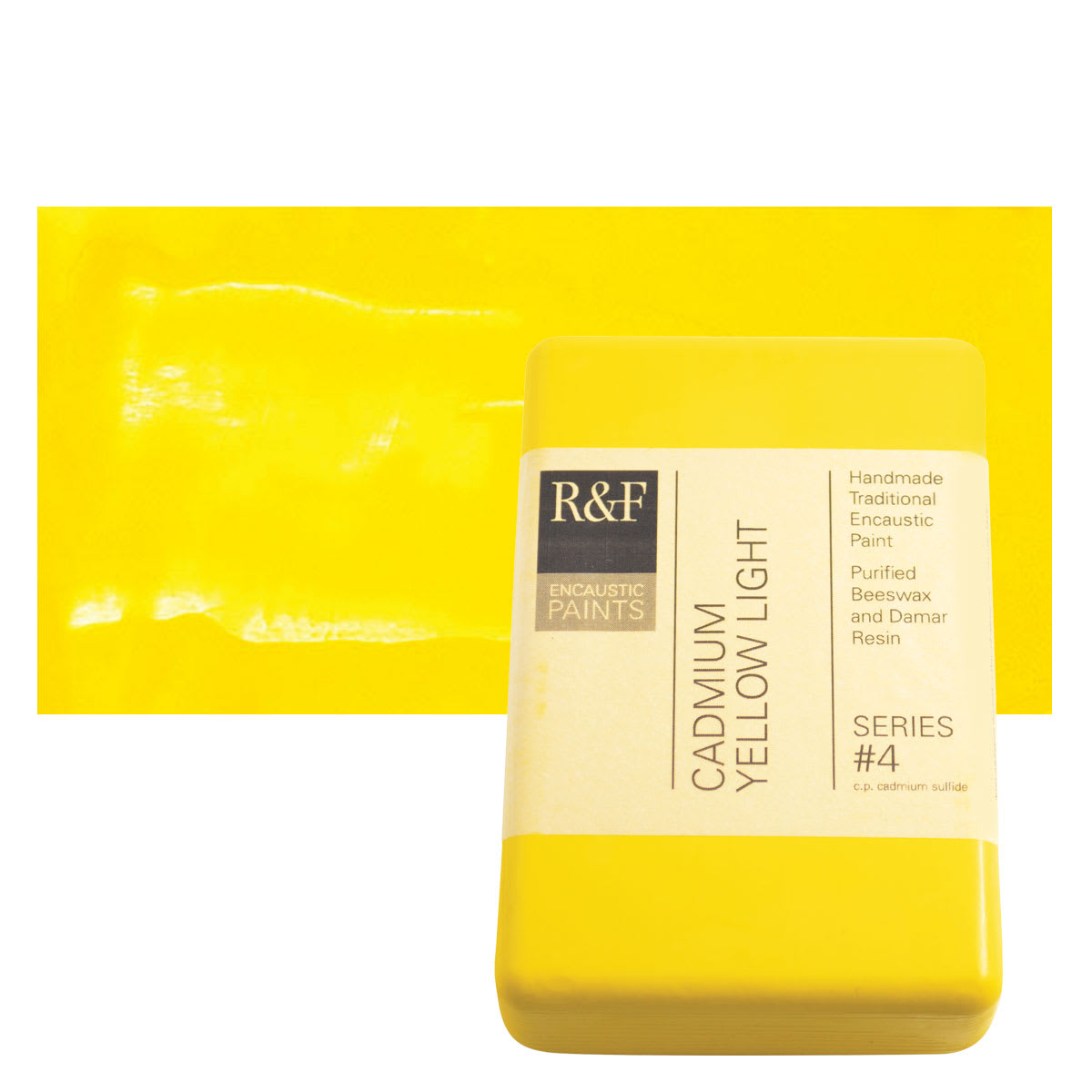 R&F Encaustic Paint Block - Cadmium Yellow Light, 333 ml block and swatch