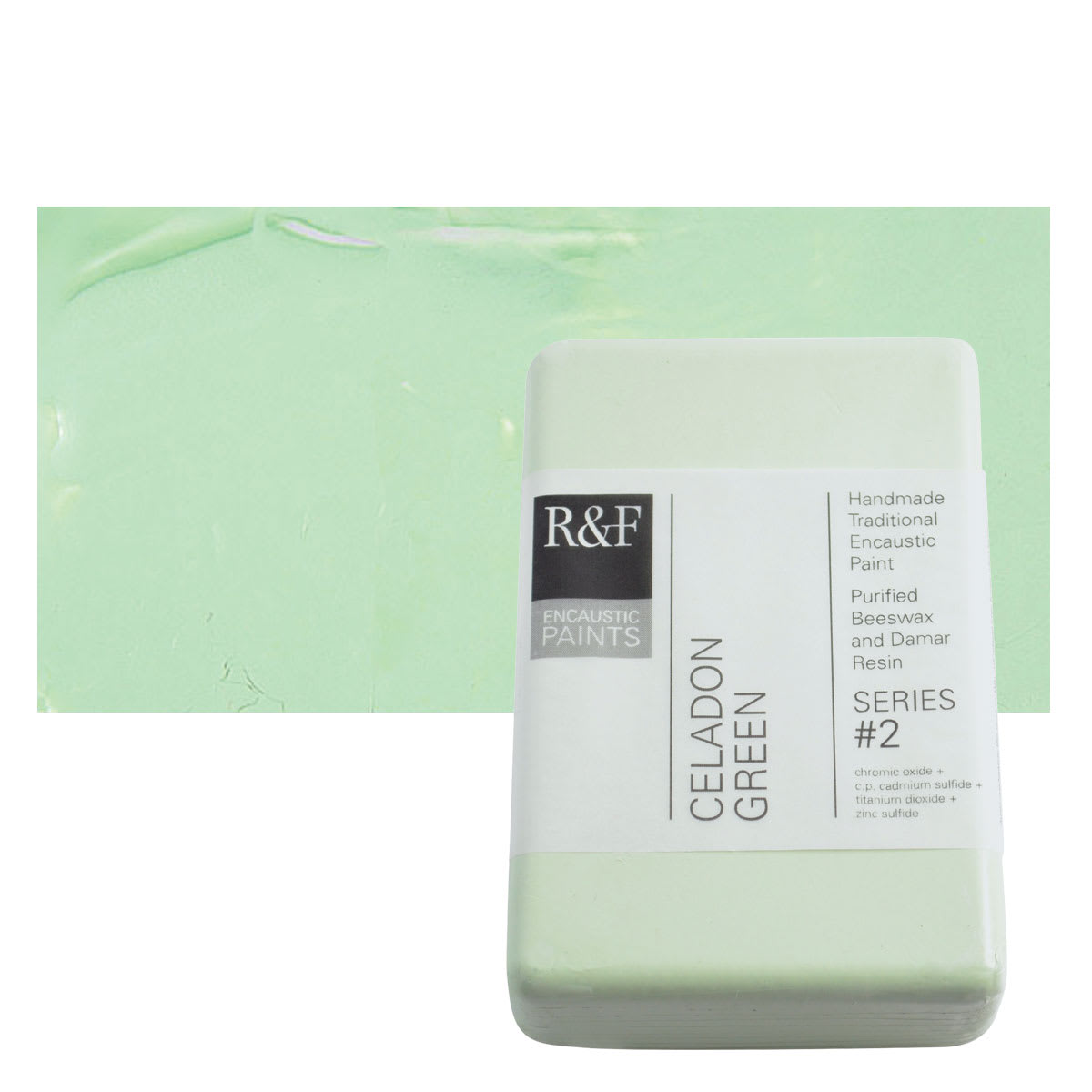 R&F Encaustic Paint Block - Celadon Green, 333 ml block and swatch