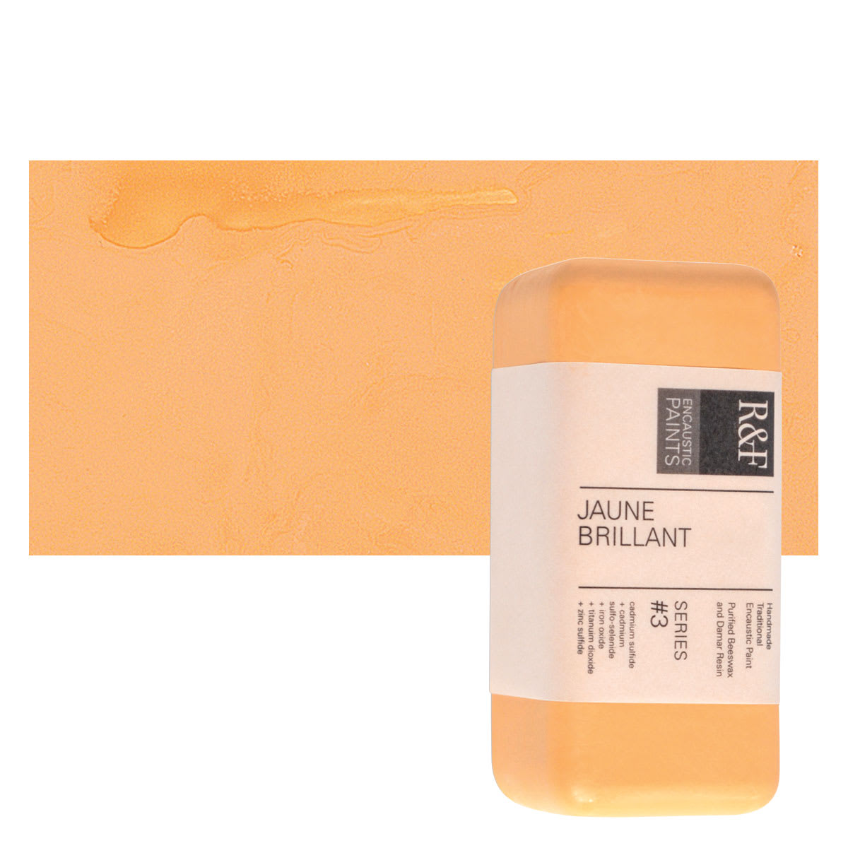 R&F Encaustic Paint Block - Jaune Brilliant, 104 ml block and swatch