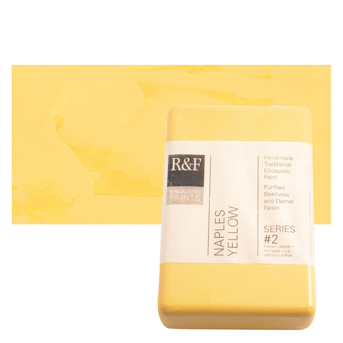 R&F Encaustic Paint Block - Naples Yellow, 333 ml block and swatch