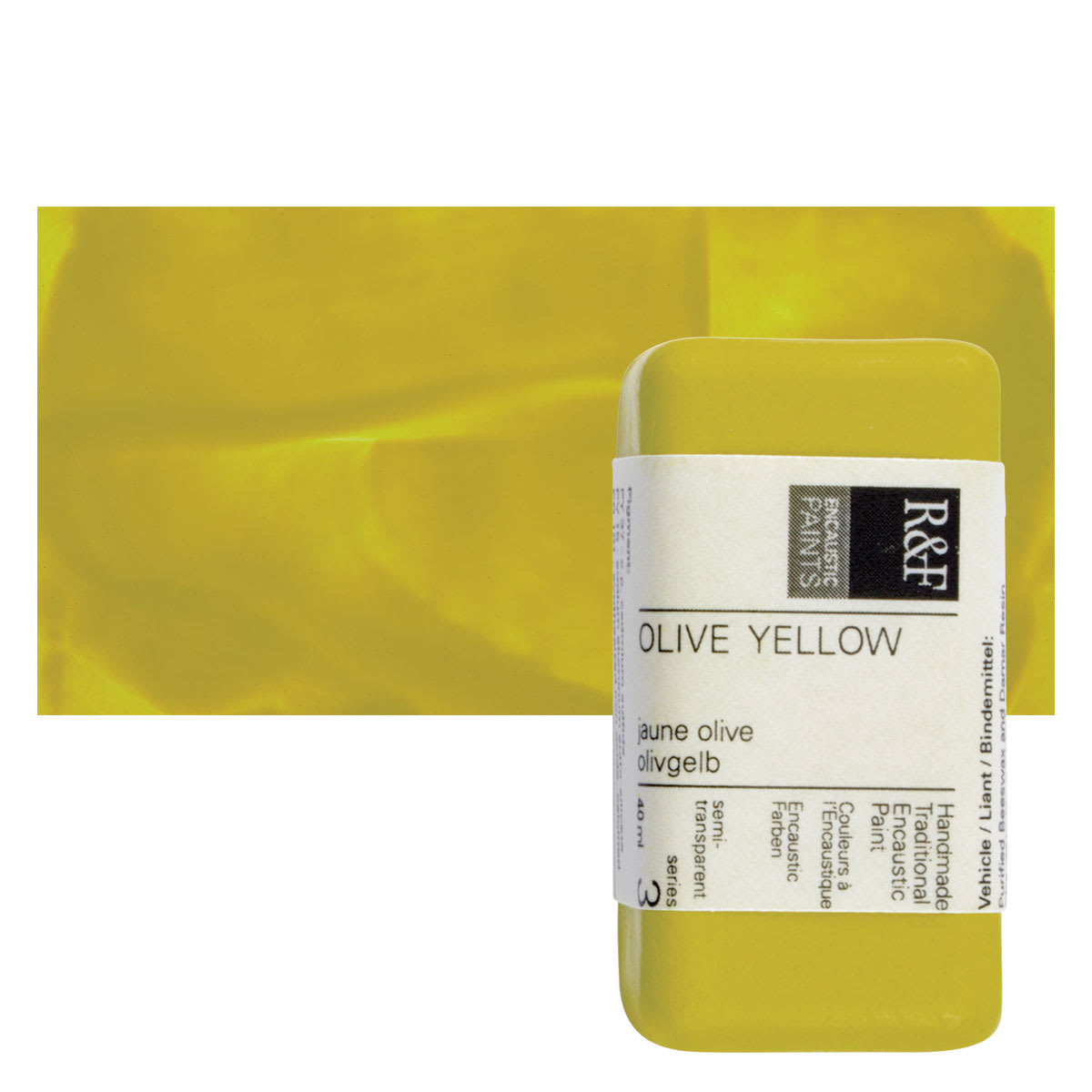 R&F Encaustic Paint Block - Olive Yellow, 40 ml block and swatch