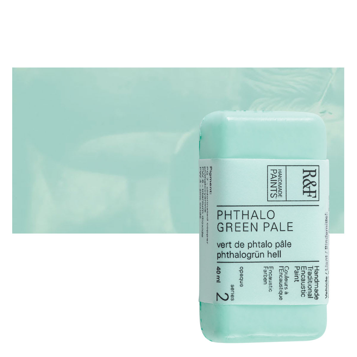 R&F Encaustic Paint Block - Phthalo Green Pale, 40 ml block and swatch