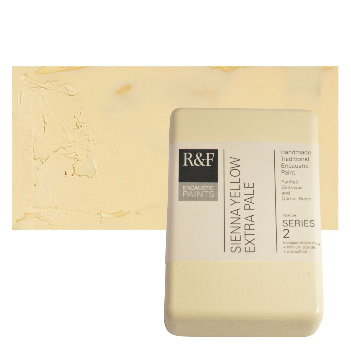 R&F Encaustic Paint Block - Sienna Yellow Extra Pale, 333 ml, Block and swatch