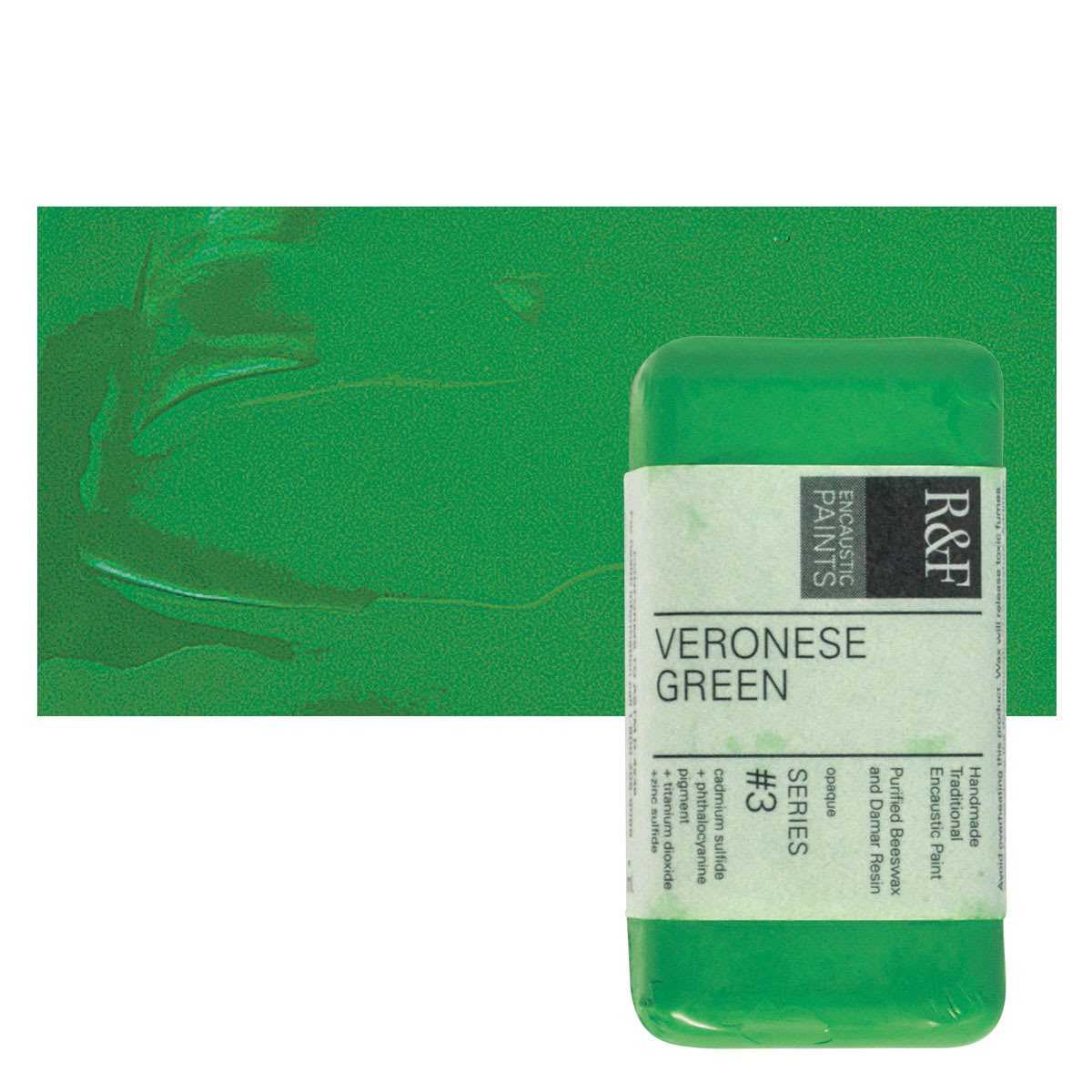R&F Encaustic Paint Block - Veronese Green, 40 ml block and swatch