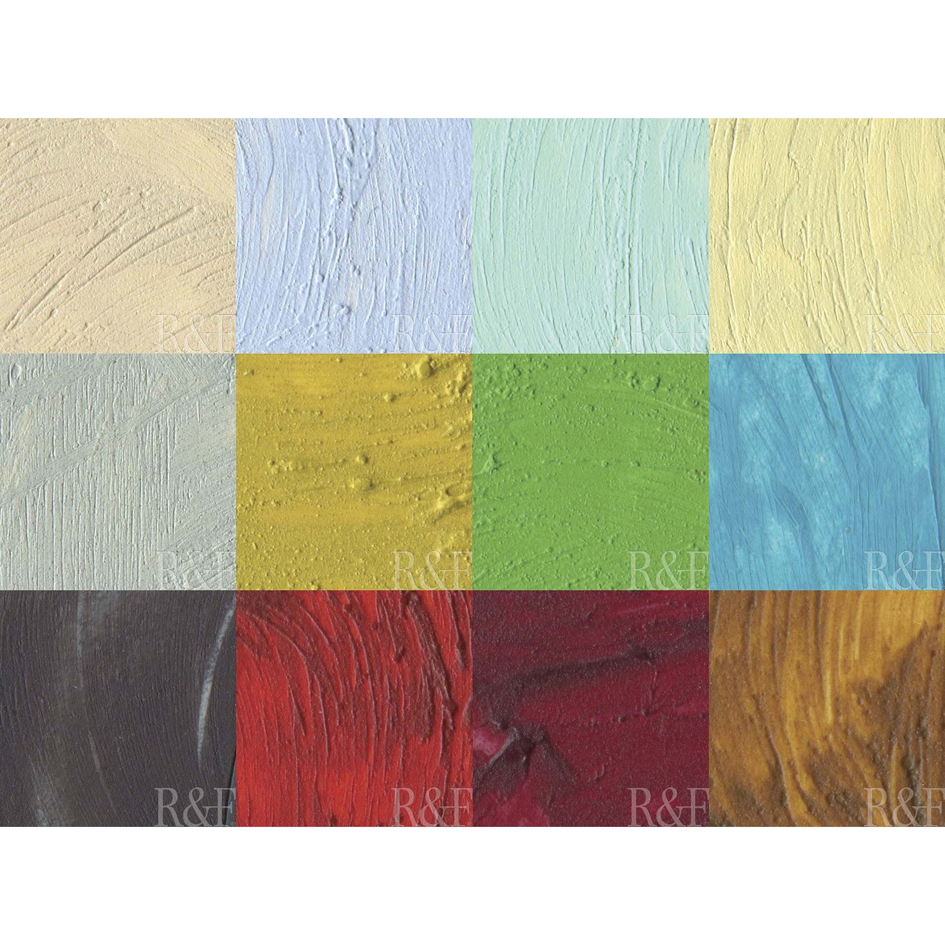 R&F Pigment Sticks - Set of 12 with Gessobord, Painter's Dozen II, 38 ml, swatch grid