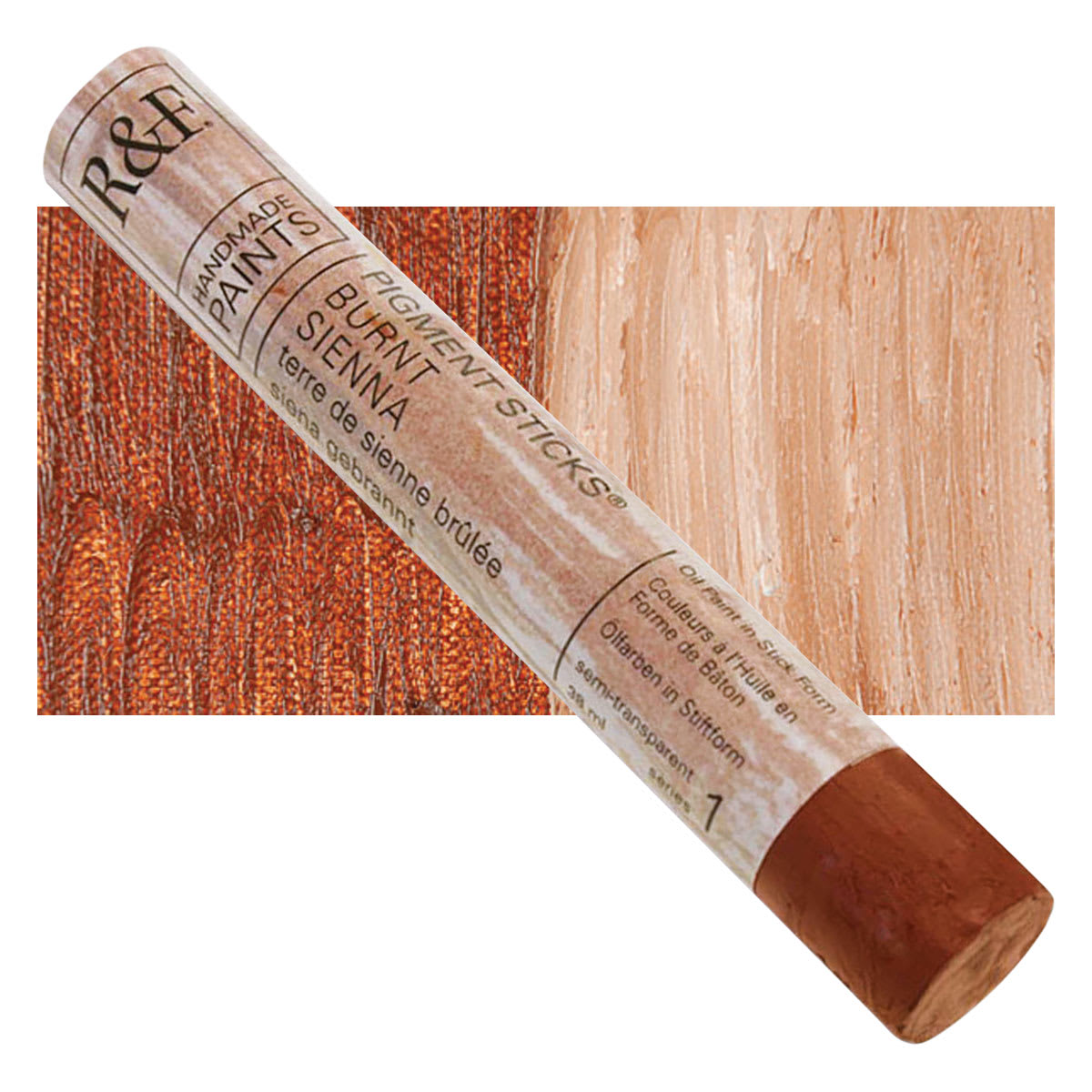 R&F Pigment Stick - Burnt Sienna, 38 ml stick and swatch