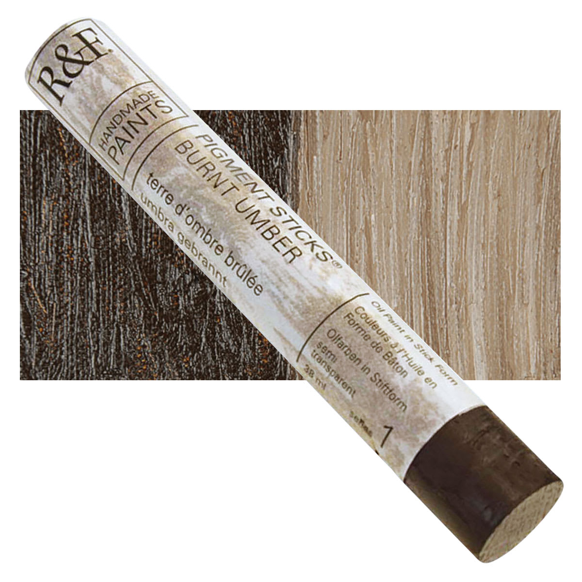 R&F Pigment Stick - Burnt Umber, 38 ml stick and swatch