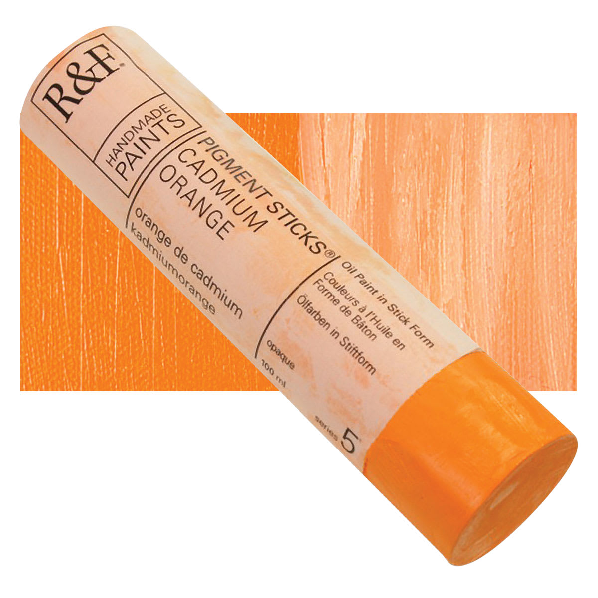 R&F Pigment Stick - Cadmium Orange, 100 ml stick and swatch