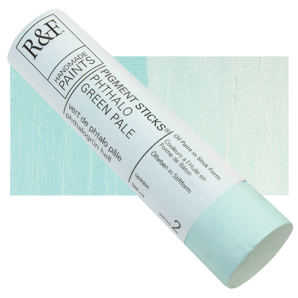 R&F Pigment Stick - Phthalo Green Pale, 100 ml stick and swatch