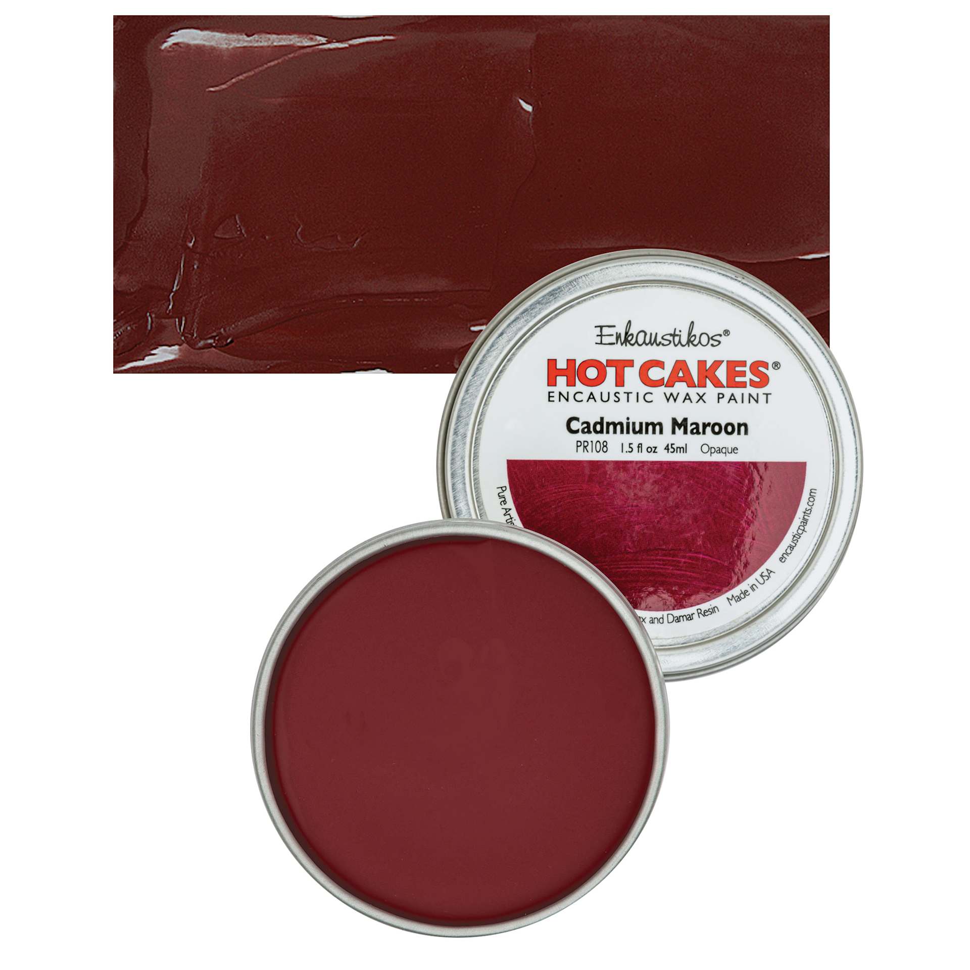 Enkaustikos Hot Cakes Encaustic Wax Paint - Cadmium Maroon, 45 ml tin and swatch