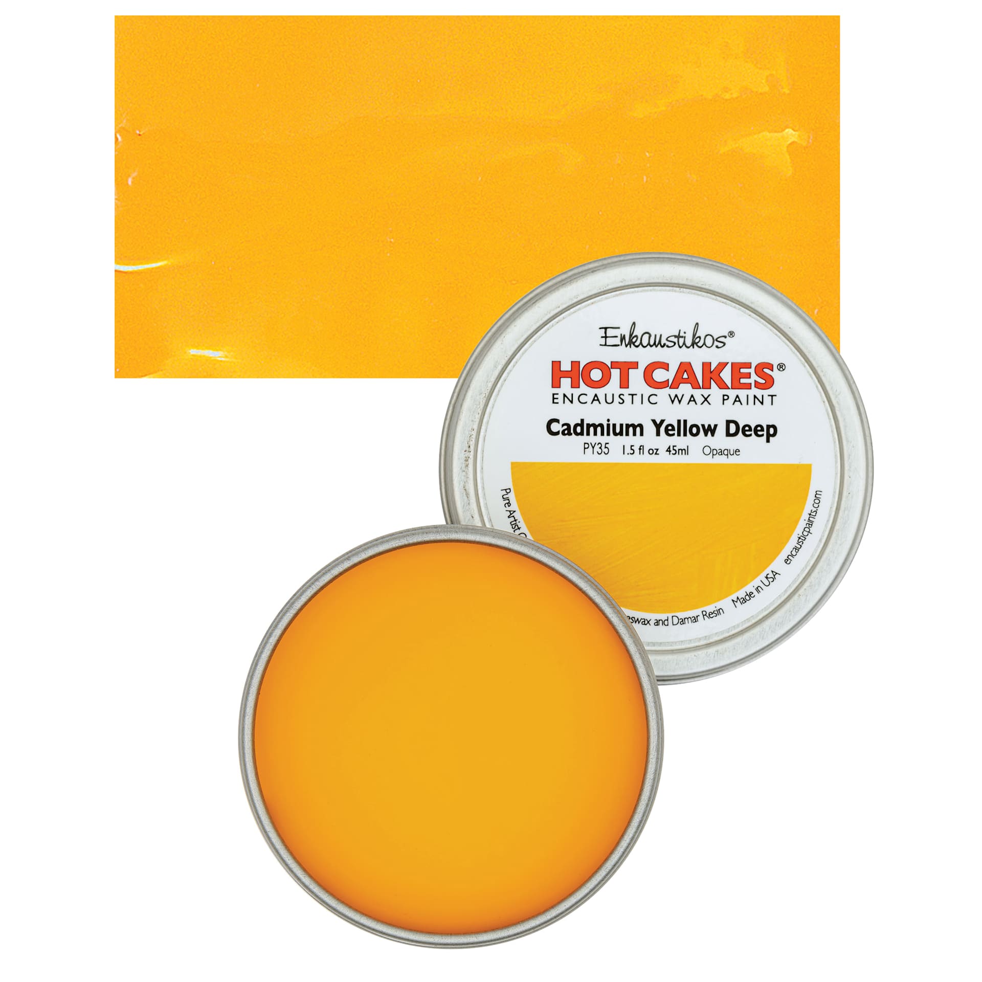 Enkaustikos Hot Cakes Encaustic Wax Paint - Cadmium Yellow Deep, 45 ml tin and swatch