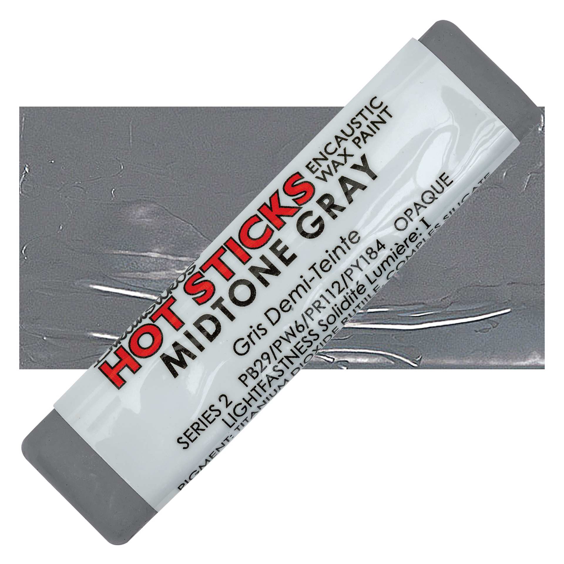 Enkaustikos Hot Sticks Encaustic Wax Paint - Midtone Gray, 13 ml Stick and swatch