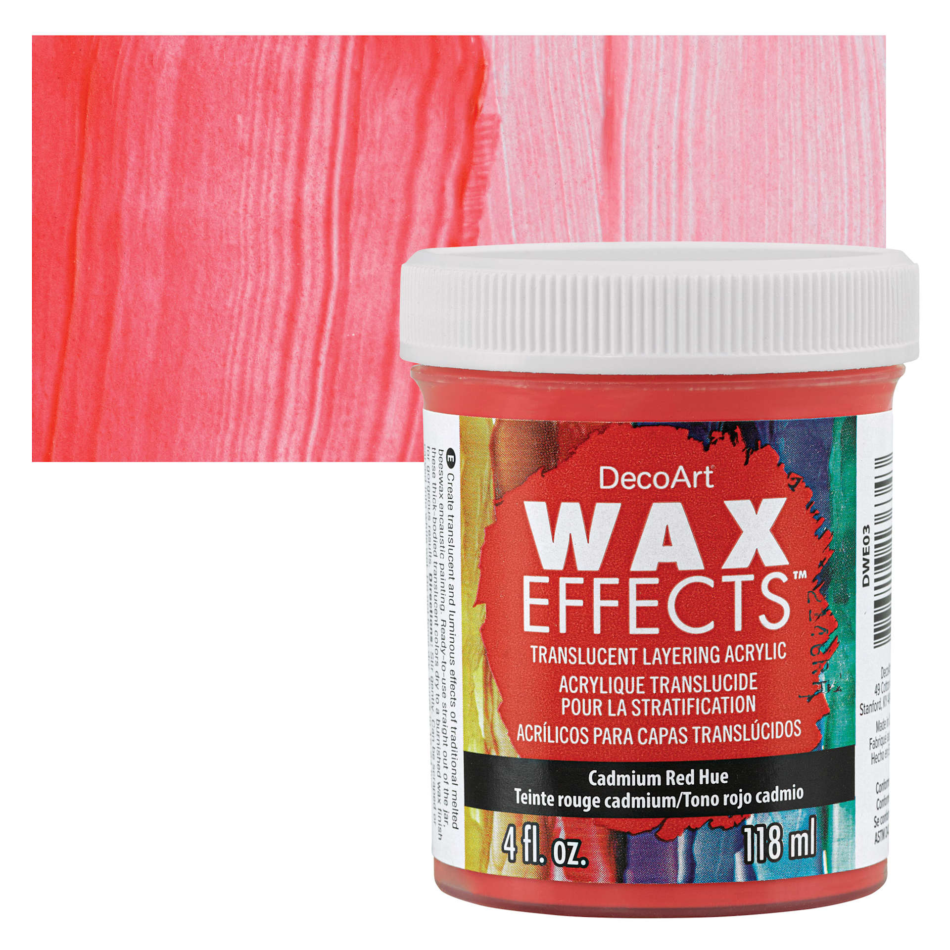 DecoArt Wax Effects Acrylic Paint - Cadmium Red Hue, 4 oz Jar and swatch