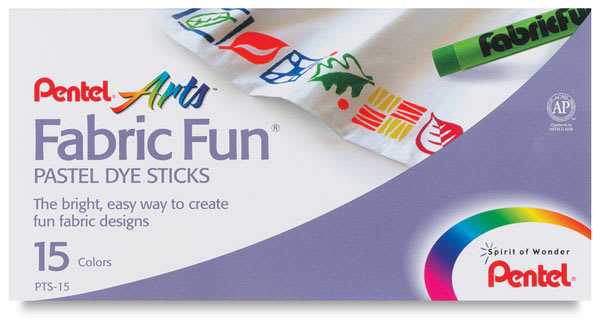 Pentel Fabric Fun Fabric Pastels, Set of 15, front of the packaging.