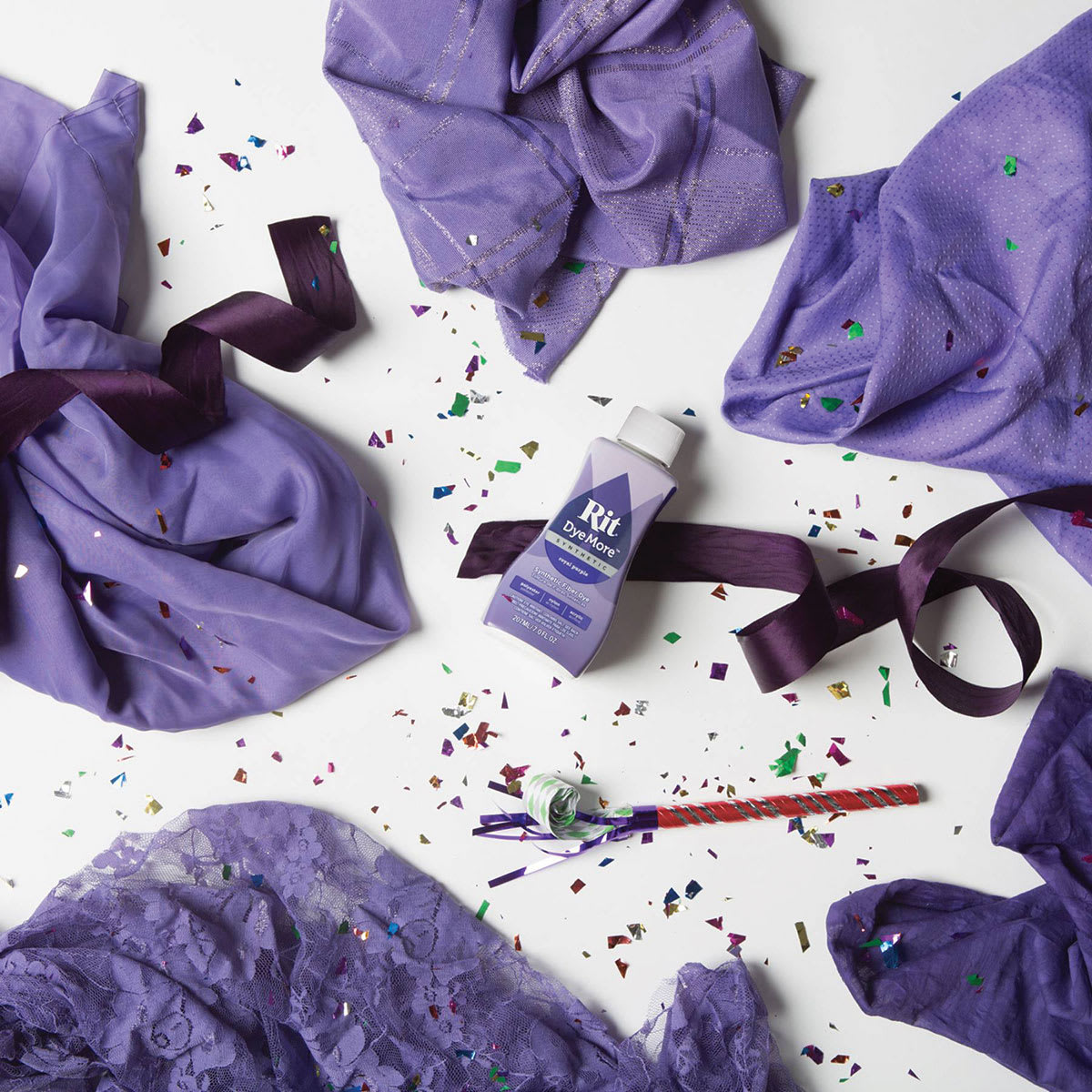 Rit DyeMore Synthetic Fiber Dye - Royal Purple, 7 oz, assorted dyed fabrics
