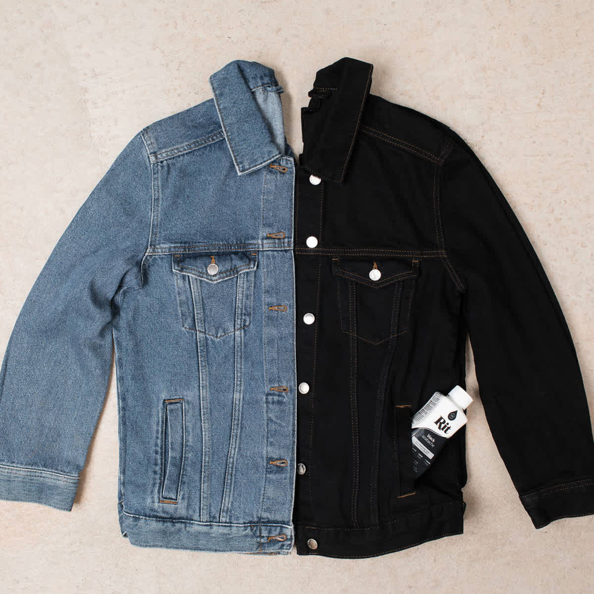 Rit All Purpose Liquid Dye - Black, 8 oz, before and after dyeing a jacket