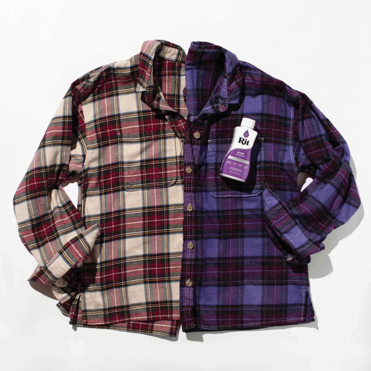 Rit All Purpose Liquid Dye - Purple, 8 oz, before and after of a dyed jacket