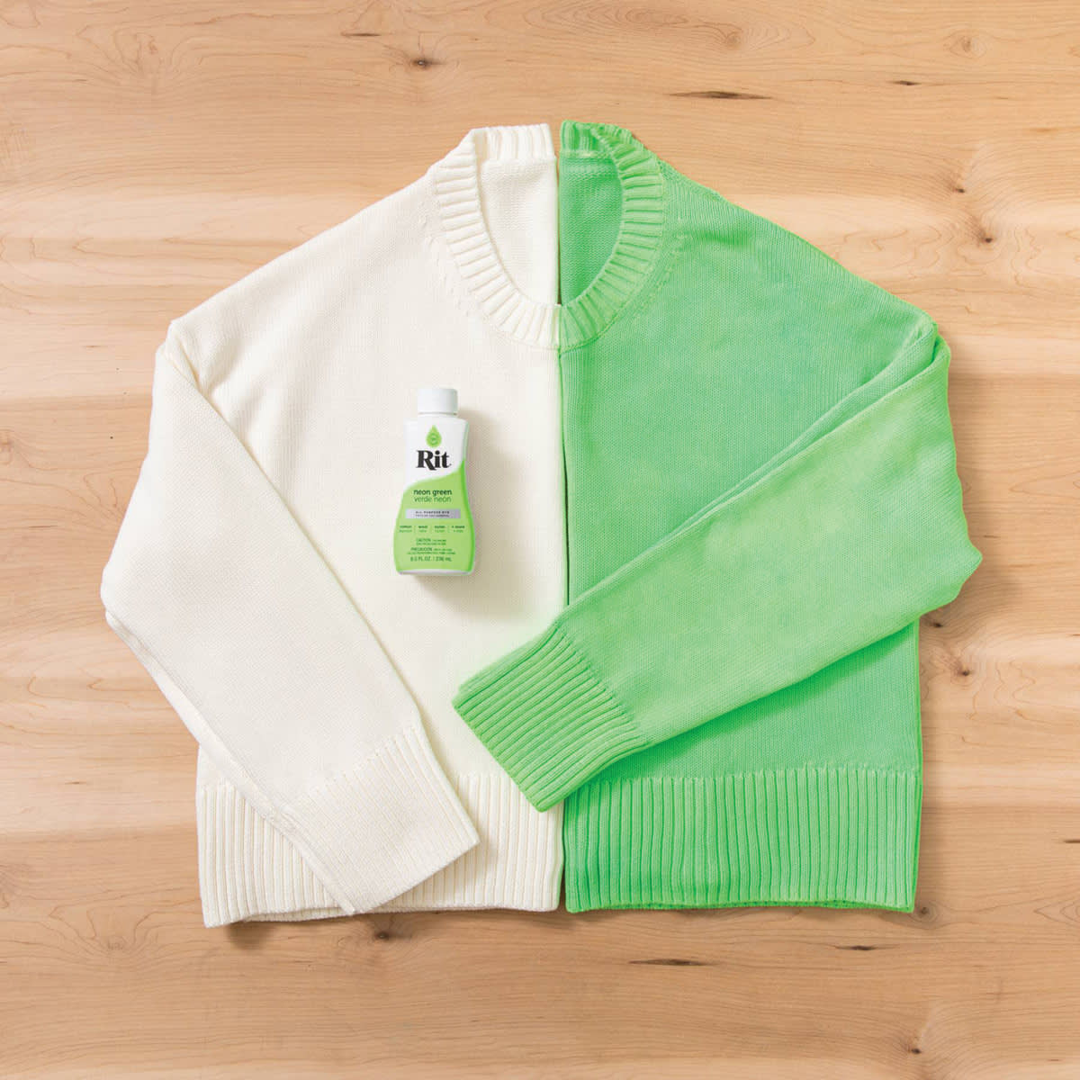 Rit All Purpose Liquid Dye - Neon Green, 8 oz, before and after of the dyed sweater