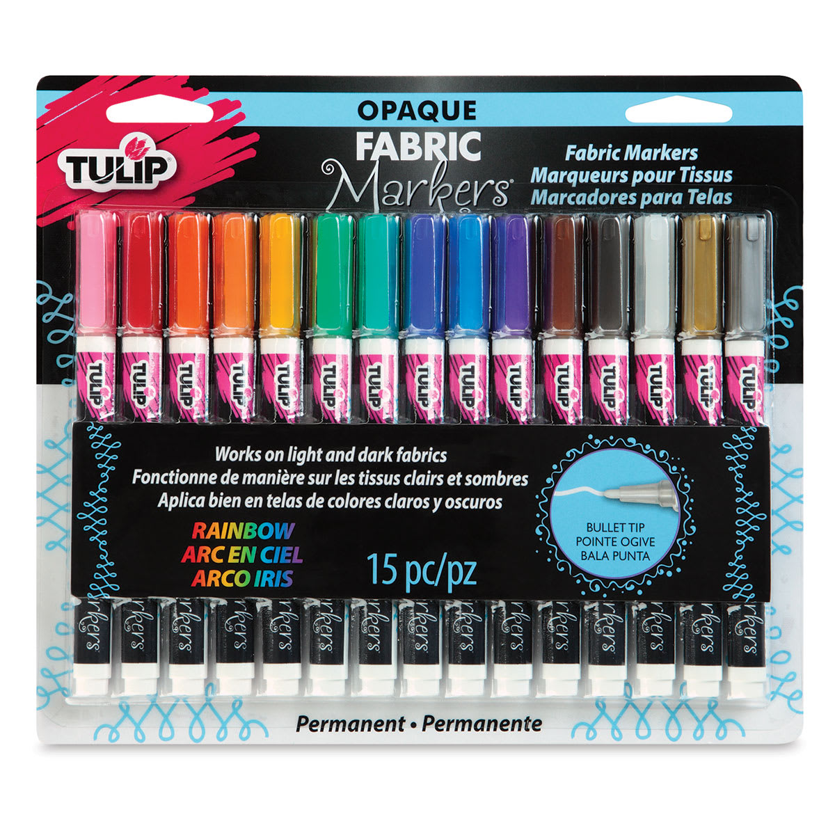 Tulip Opaque Bullet Tip Fabric Markers - Front of blister package of 15 Rainbow Markers