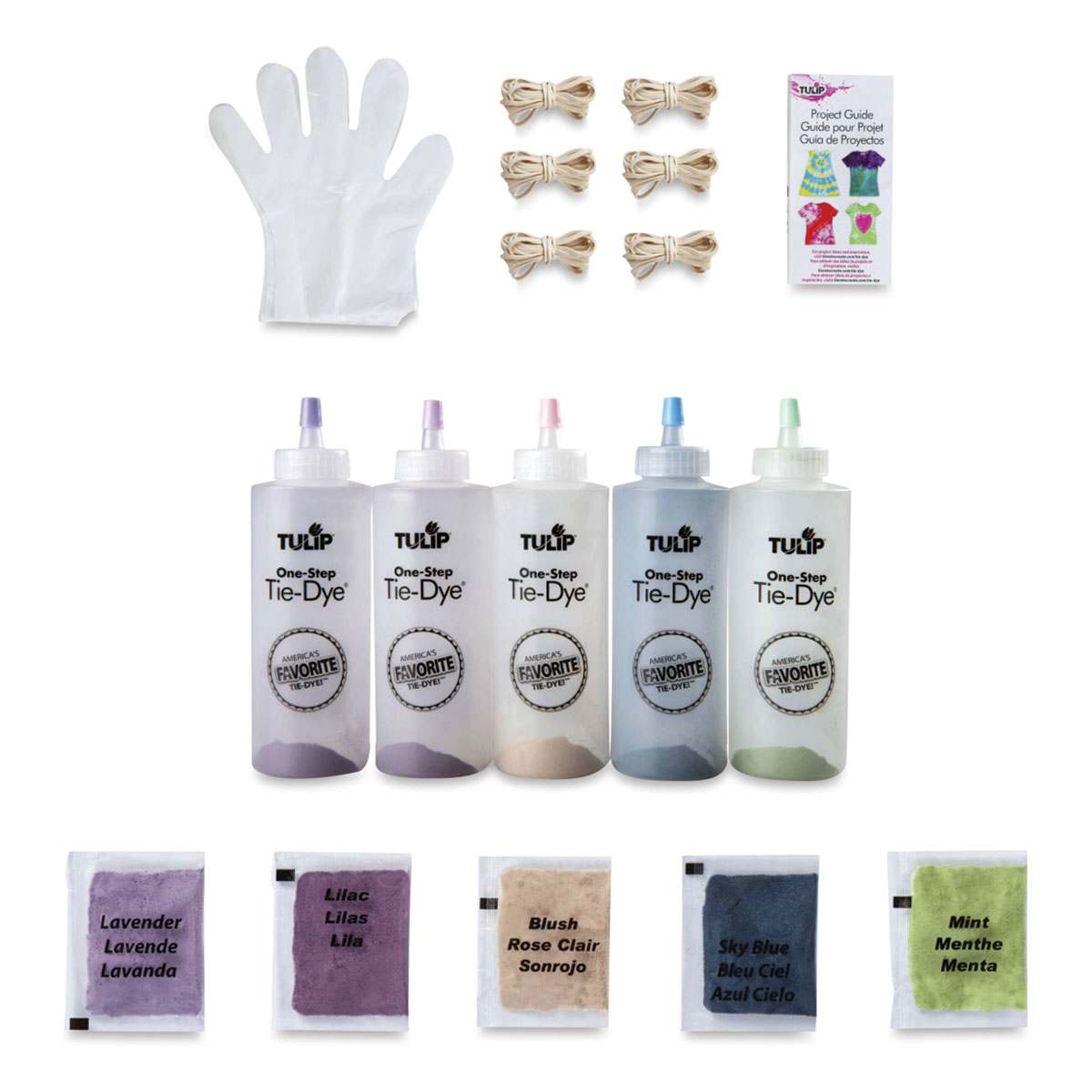 Tulip One-Step Tie-Dye Kit - Pretty Pastels, Kit of 5 Colors, contents laid out
