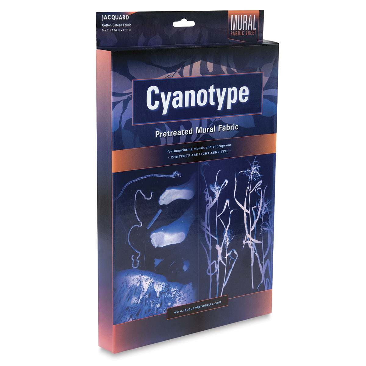 Jacquard Cyanotype Fabric Mural, Single Sheet 5ft x 7ft. Front package, Angled.