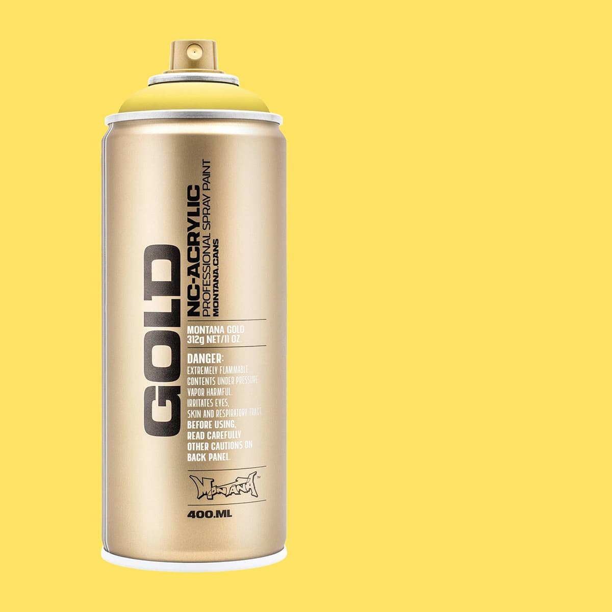 Montana Gold Acrylic Professional Spray Paint - Easter Yellow, 400 ml (Spray can with color swatch)