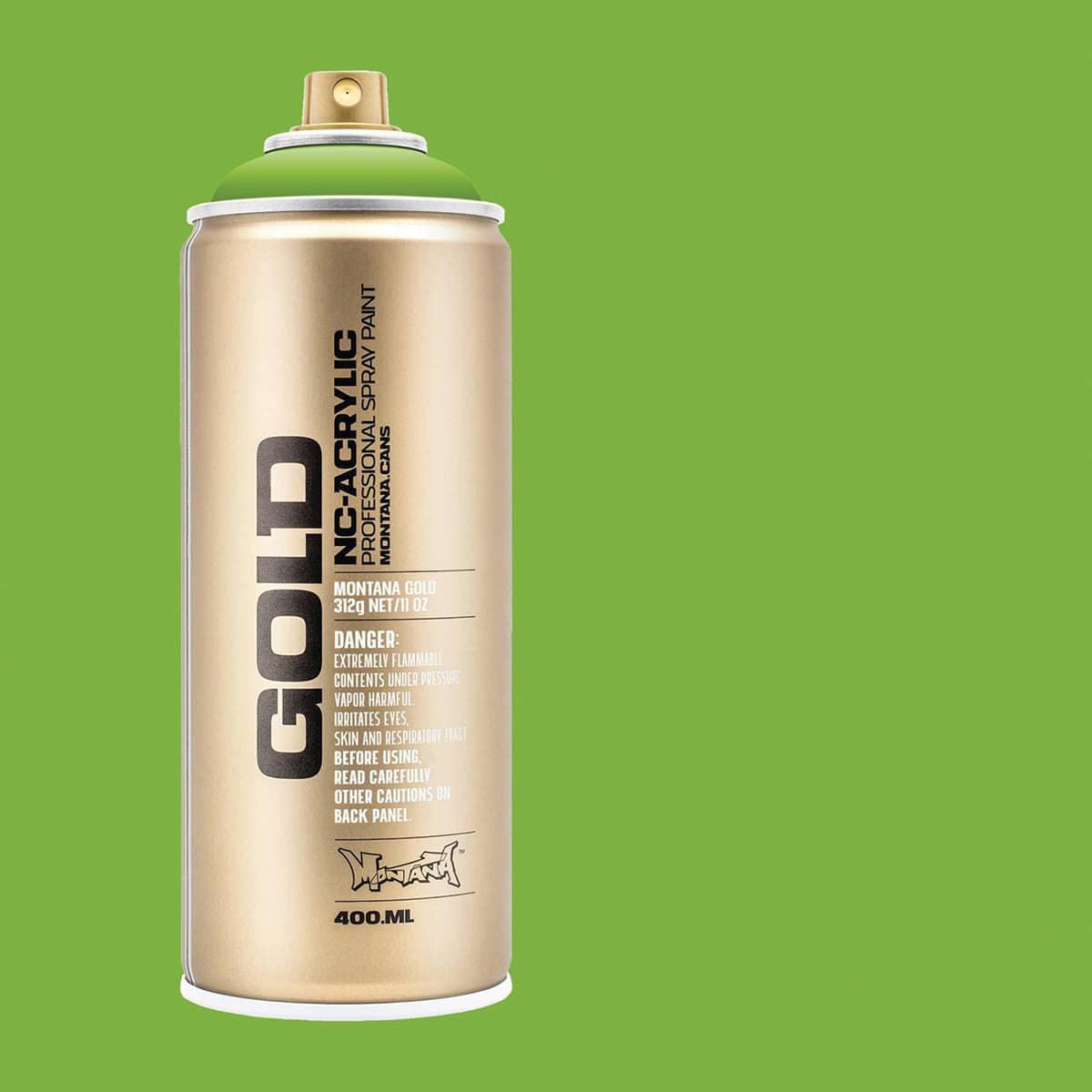 Montana Gold Acrylic Professional Spray Paint - Lawn Green, 400 ml (Spray can with color swatch)