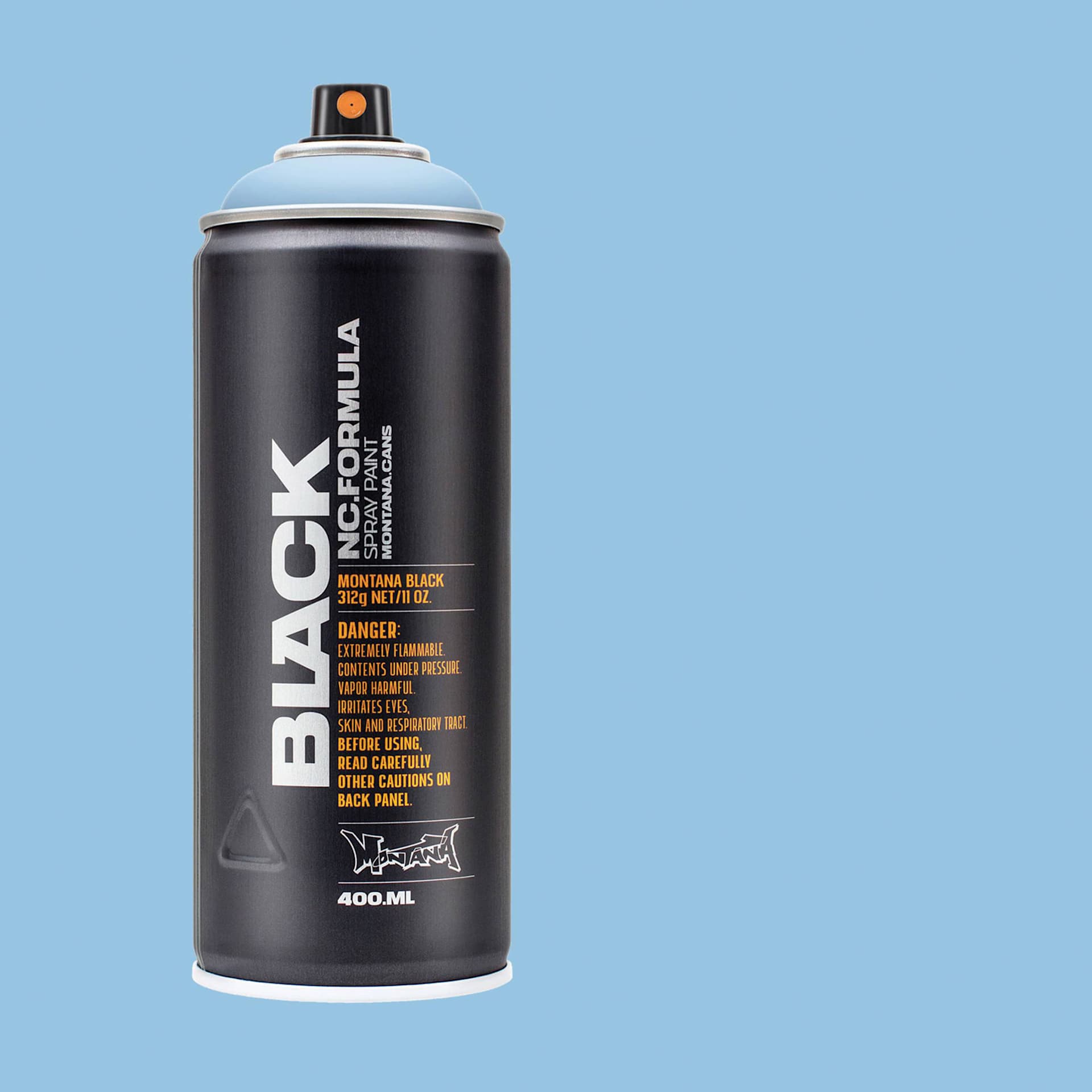 Montana Black Spray Paint - Lenor, 400 ml can with swatch