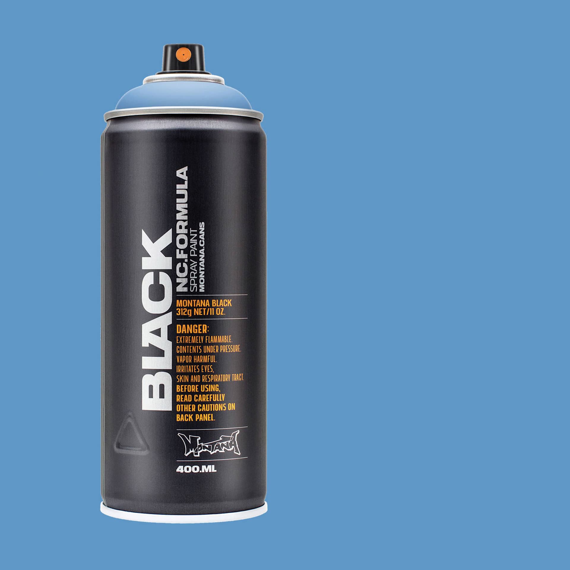 Montana Black Spray Paint - Blue Lagoon, 400 ml can with swatch