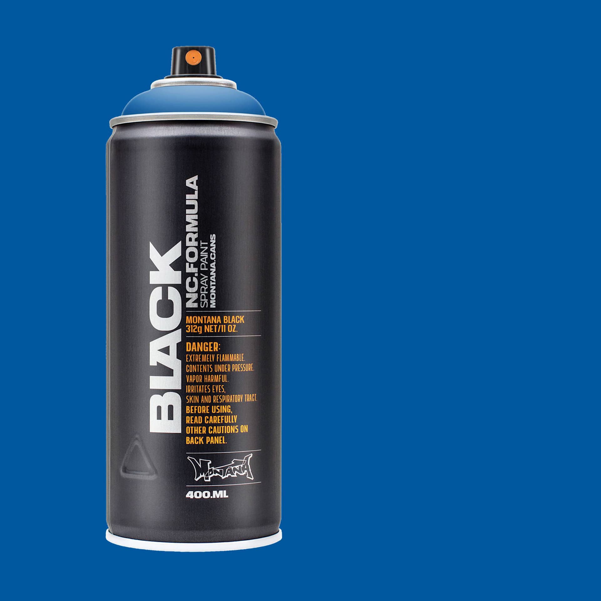 Montana Black Spray Paint - Knock Out Blue, 400 ml can with swatch