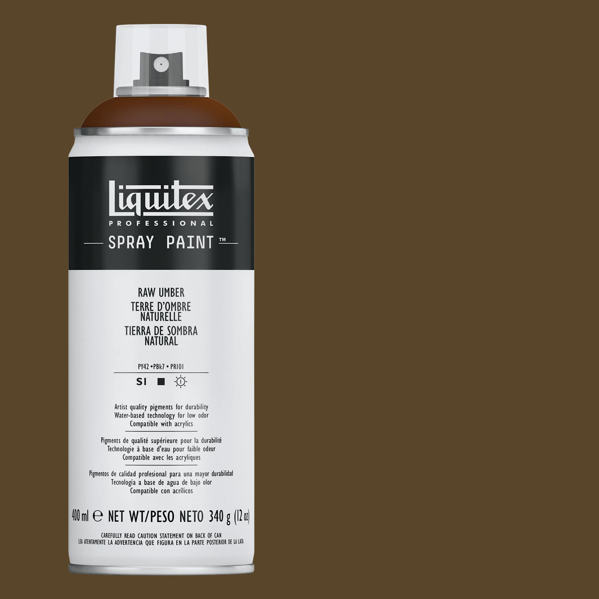 Liquitex Professional Spray Paint - Raw Umber, 400 ml can and swatch