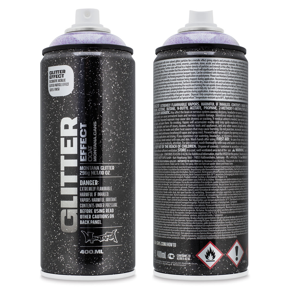 Montana Glitter Effect Spray Paint - Front and back of spray can shown