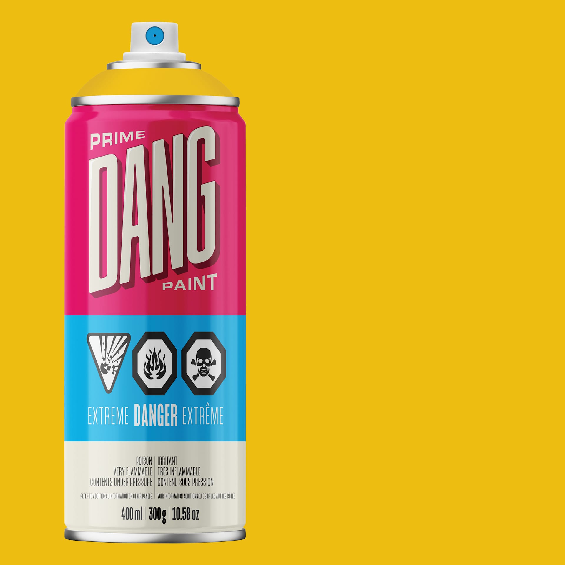 Dang Prime Spray Paint - Signal Yellow, 400 ml can and swatch